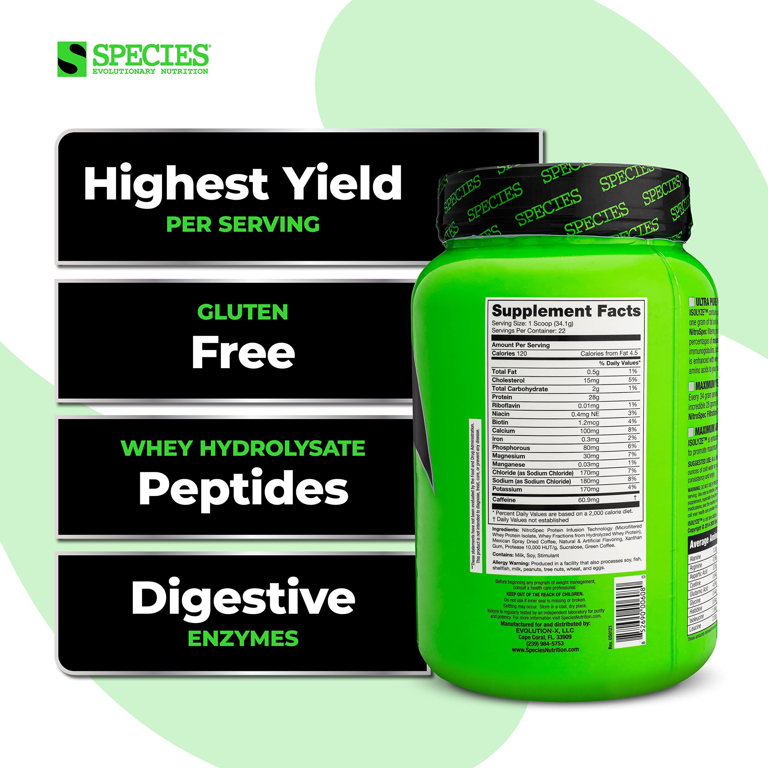 Species Nutrition Species Nutrition Isolyze Whey Protein Powder, 100% Whey Isolate for Muscle Building, 27.5g Protein Per Scoop, No Sugar & Low Fat (Coffee, 22 Servings)