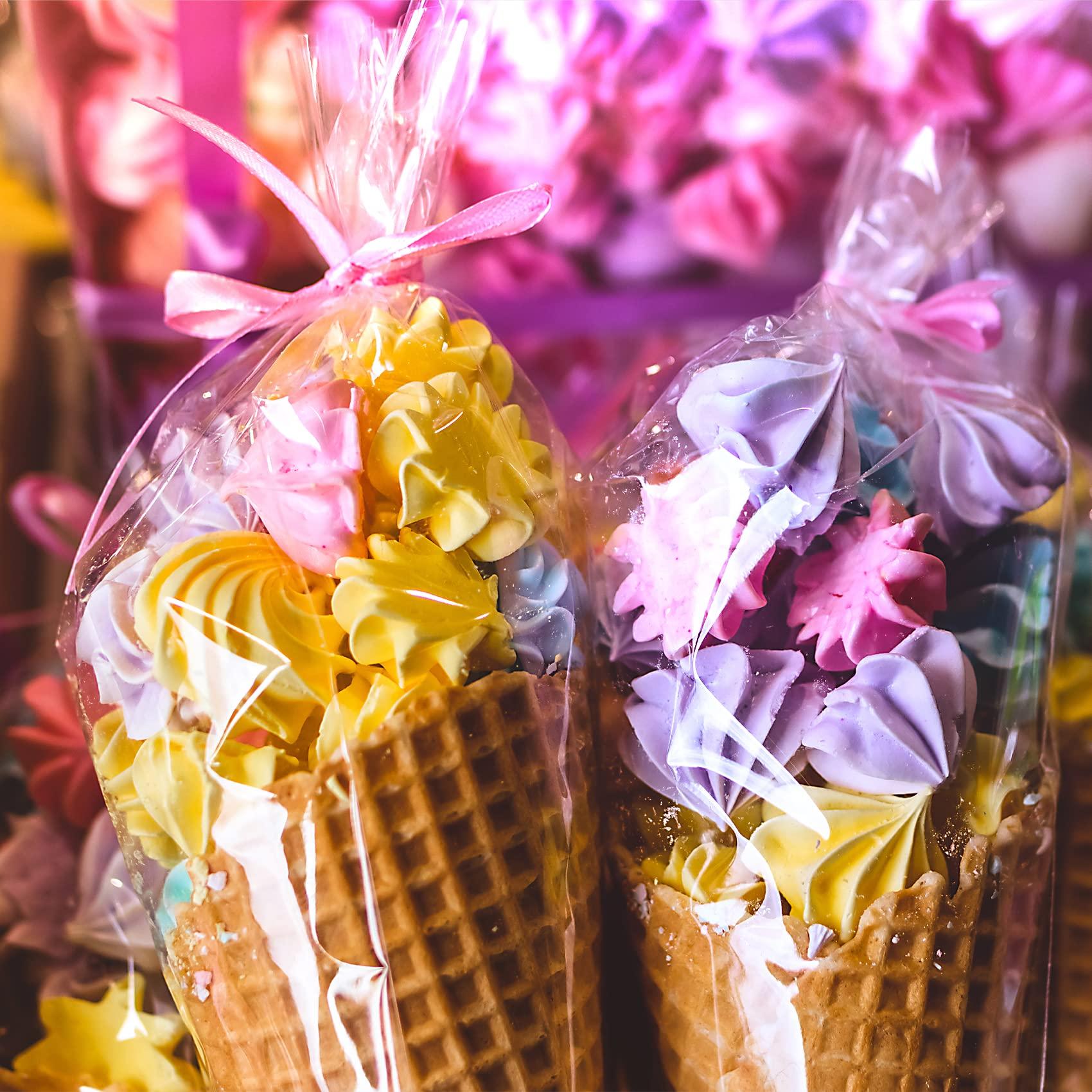 Morepack Morepack Cone Treat Bags, 100Pcs, 7x15 Inches, Clear Cellophane, with Twist Ties, for Treats, Popcorn, Candy, Party Favors