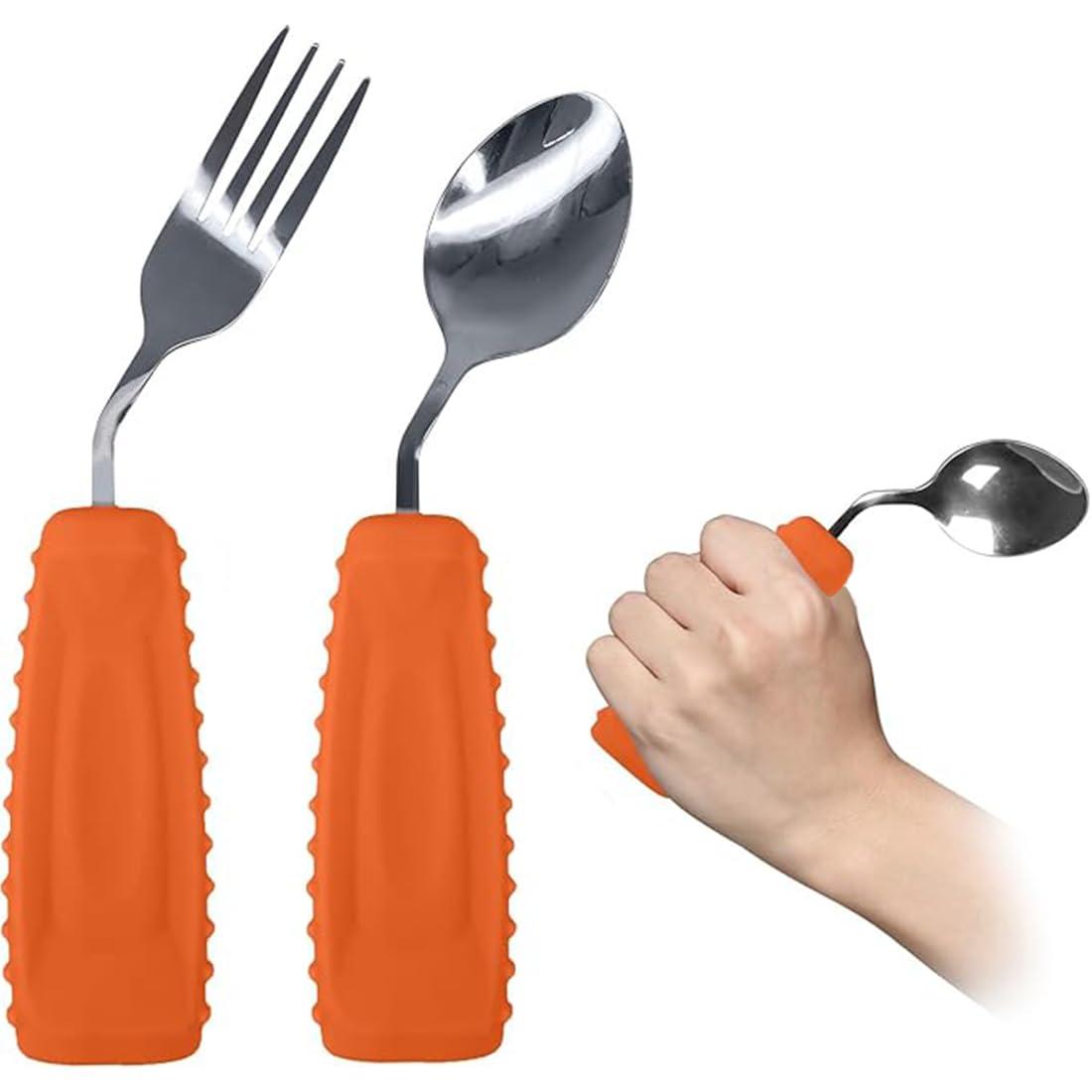 Ehucon Ehucon Adaptive Utensils,Weighted Angled Silverware,Parkinsons Aids,Angled Silverware Spoon and Fork Set for Elderly, Arthritis, Dementia, Disable, Handicapped Hands (Left Hand,Pack of 2,Orange)