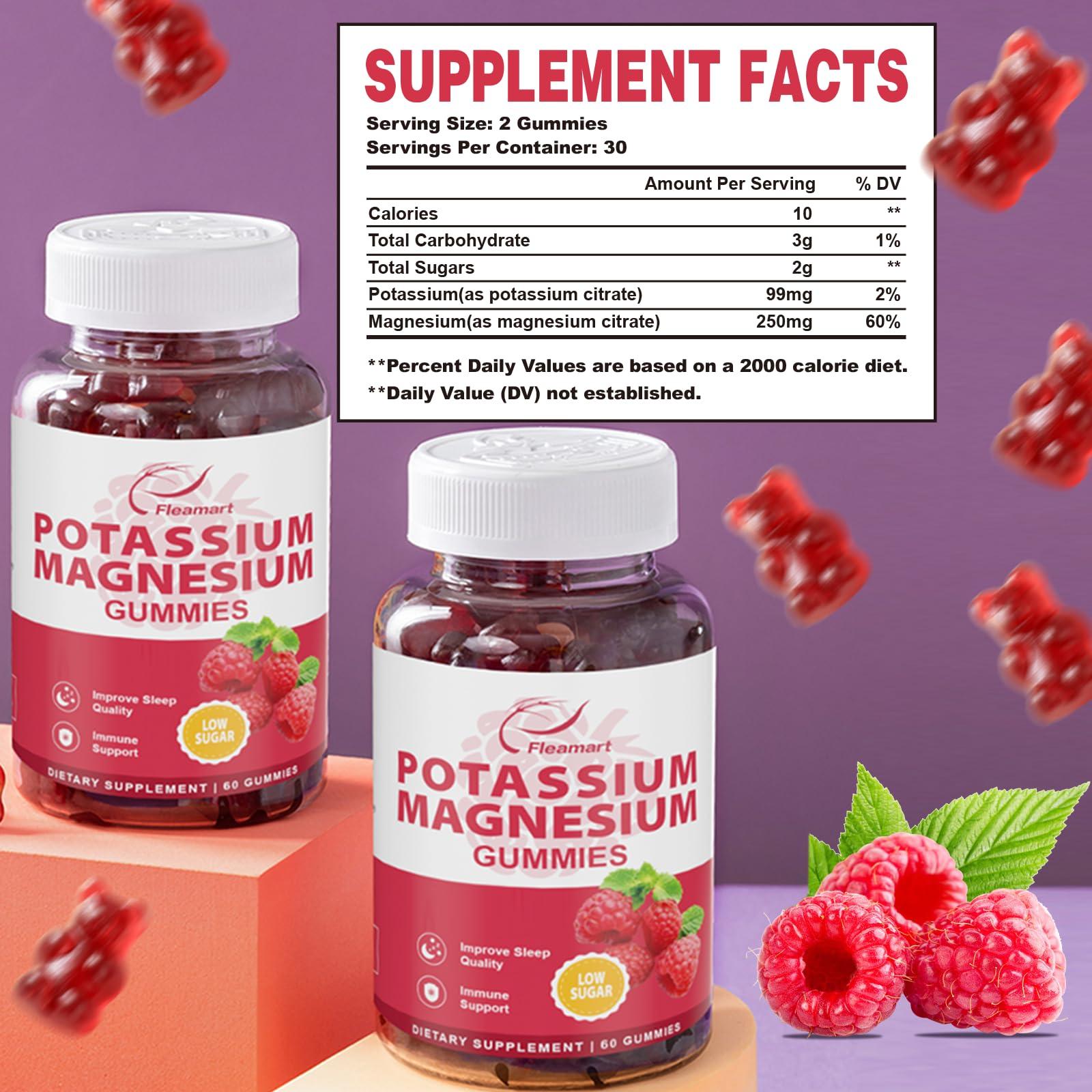 Fleamart Potassium Magnesium Gummies Potassium Citrate 99mg Magnesium Citrate 250mg Magnesium Potassium Complex Supplement, Immune Support, Leg Cramps Muscle Health, 60 Raspberry Gummies 2 Pack