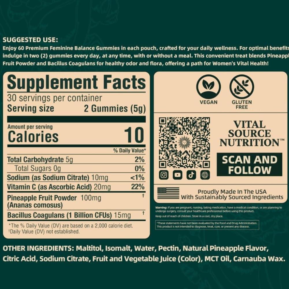 Vital Source Nutrition Vital Source Nutrition - Premium Feminine Balance Gummies - for Womens Health & Wellness - Immune Support - Vegan, Gluten-Free - Hawaiian Pineapple - 60 Gummies - 30 Servings