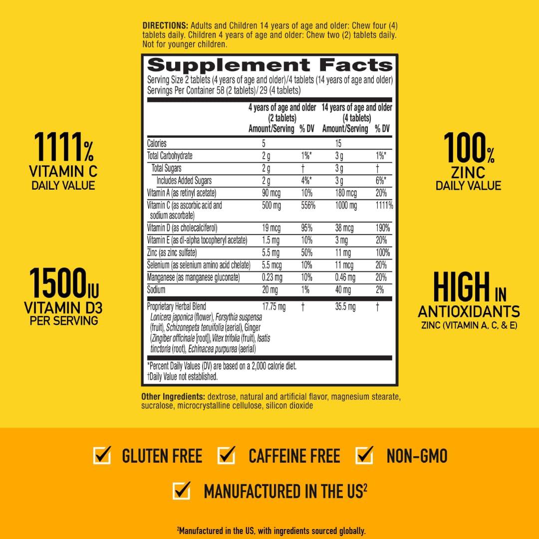 Airborne Airborne 1000mg Vitamin C + Zinc Immune Support Supplement Chewable Tablets, Citrus Flavor with Powerful Antioxidants Vitamins A C & E, 116 Chewable Tablets (2 Pack)
