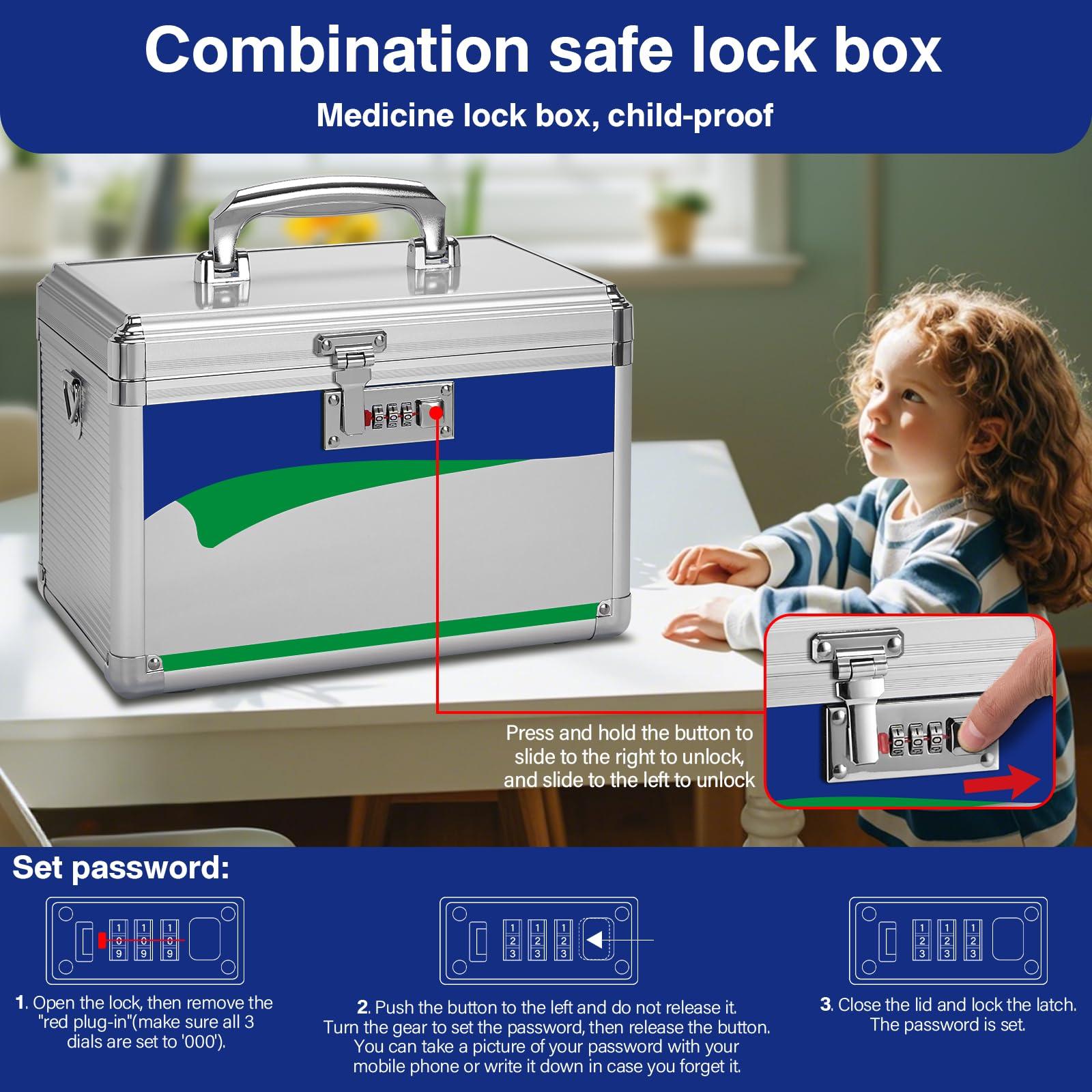 GODLONSEN GODLONSEN Medicine Lock Box With Combination Lock - 13.4 x 7.6 x 8.2 Inches - First Aid Safe Medication Storage Box, Medications and Personal Items, Safe Box for Home and Outdoor - Silver