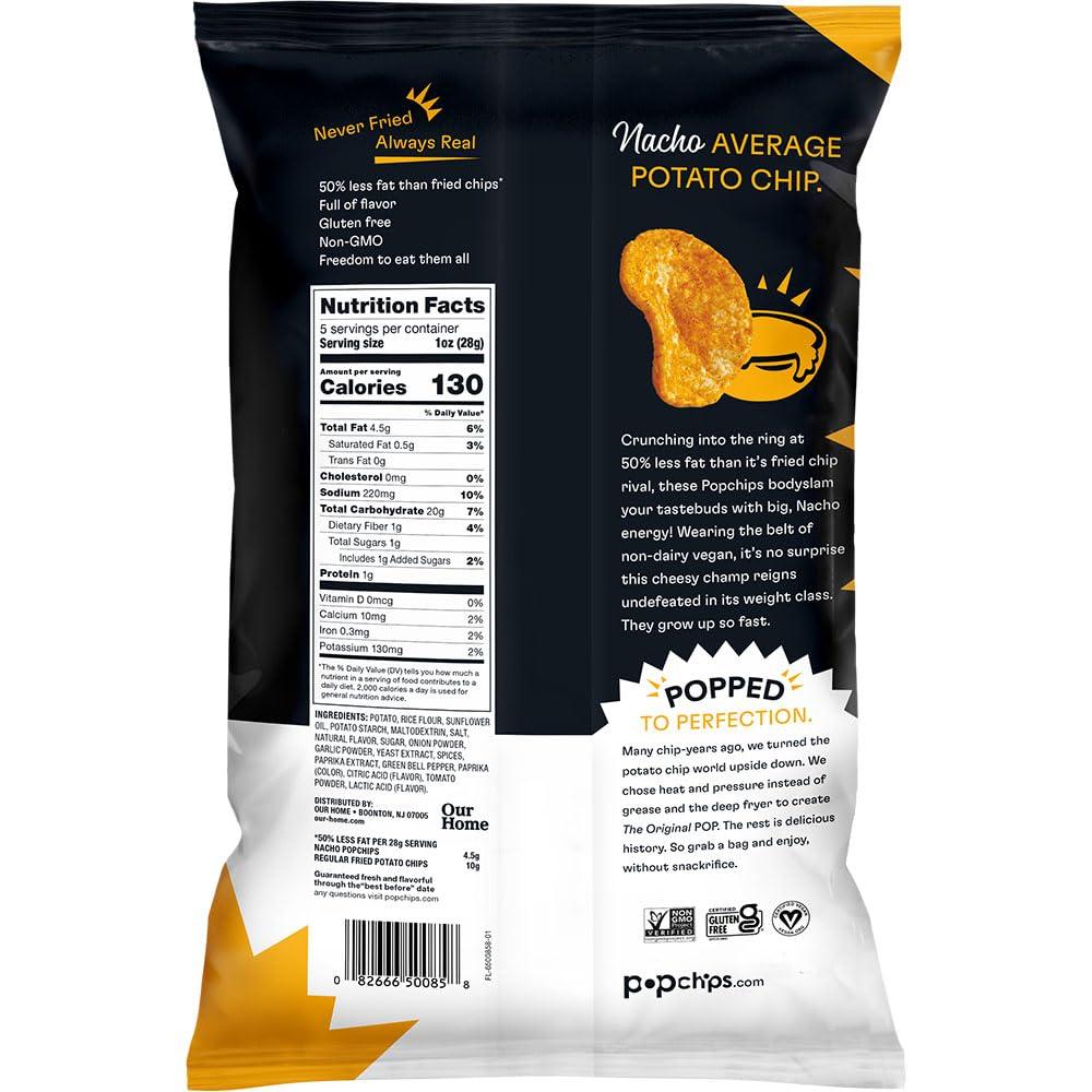 popchips Popchips Potato Chips, Nacho, 5.0oz Share Bags, Gluten Free, Salty Snacks for Adults and Children, Non-GMO, Vegan, Kosher (Pack of 4)