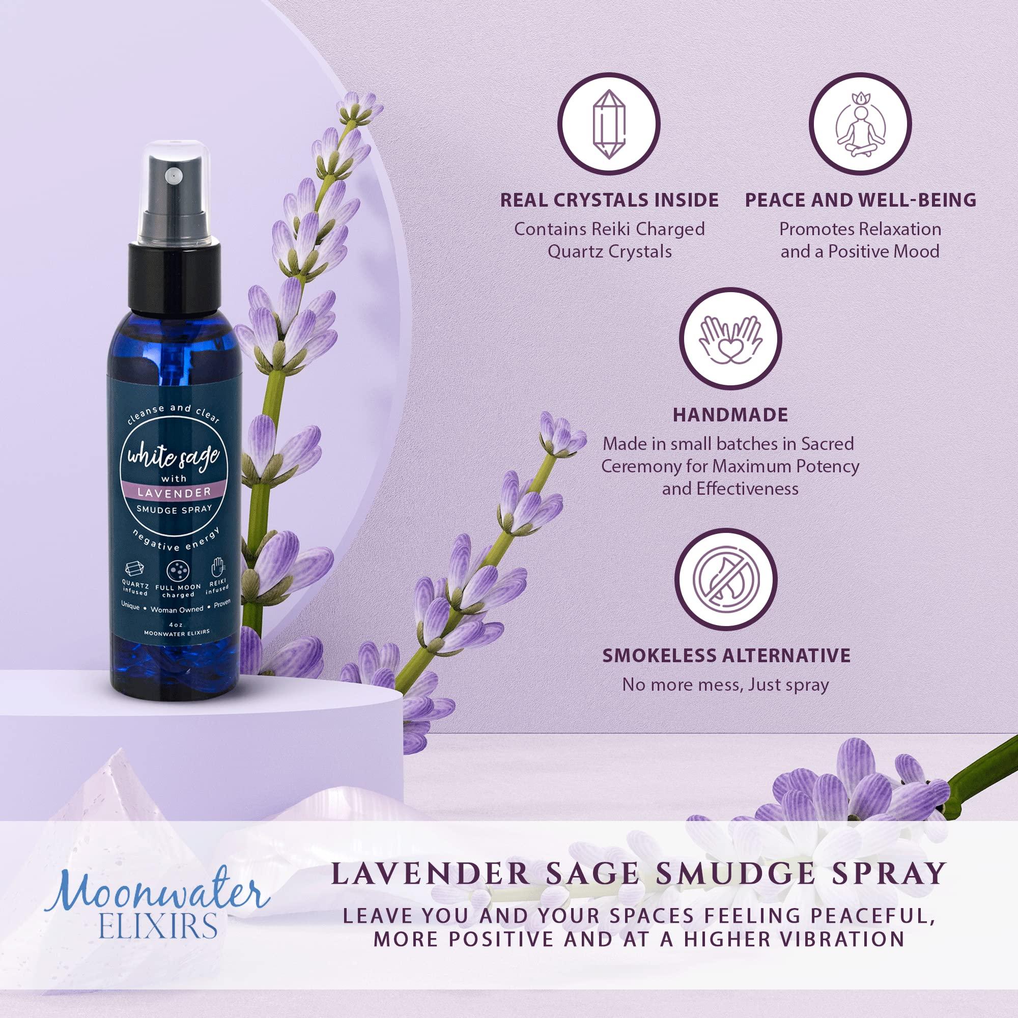 Moonwater Elixirs White Sage Smudge Spray for Spiritual Cleansing & Aura Protection, Sage & Lavender Smudging Spray - Cleansing Negative Energy & Protection, Clear Quartz Reiki Energized Aromatherapy Room Spray 4oz