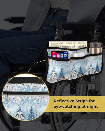 Sabolny Christmas,Wheelchair Side Bag, Wheelchair Walker Armrest Bags with Cup Holder & Reflective Stripes, Mobility Scooter Walker Rollator Wheelchair Accessories Winter Gnomes Xmas Silver Tree Pine Blue