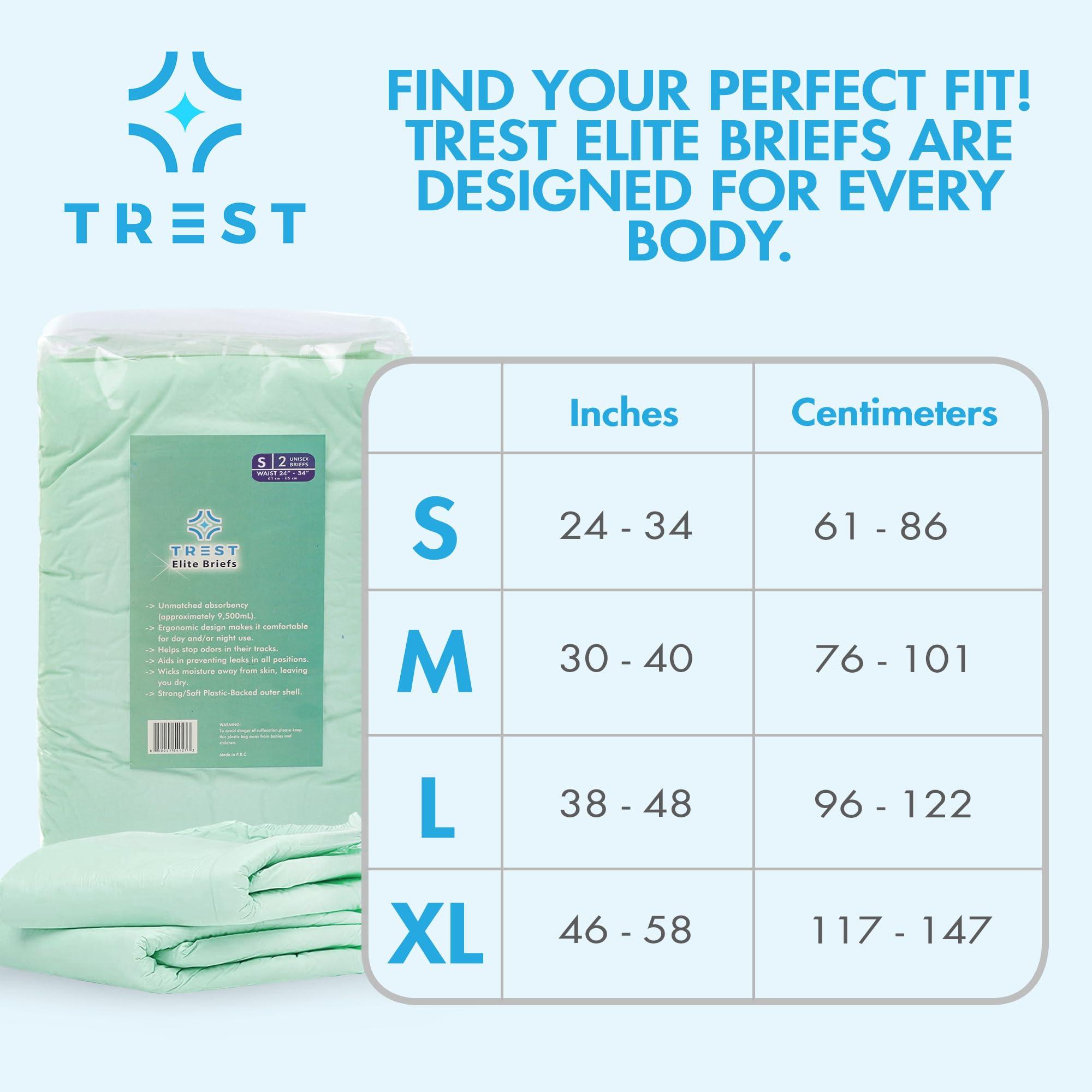 Trest TREST Elite Briefs for Men and Women, Overnight Diapers for Incontinence, Elite Absorbency, Comfortable, Odor Neutralizing and Secure Fit with 2 Wide Tabs - Green, Small (Pack of 2)