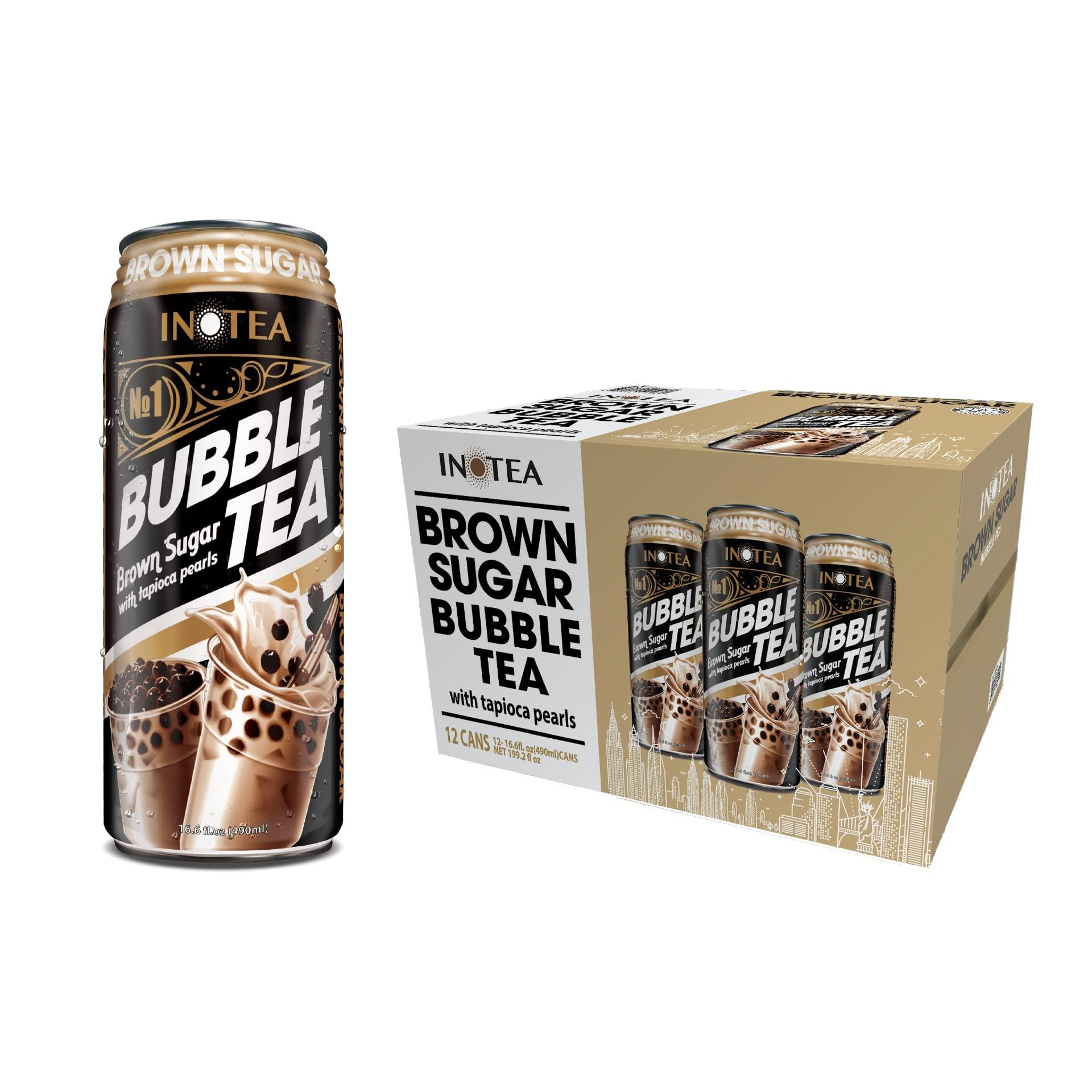 INOTEA (Pack of 12) INOTEA Bubble Tea Brown Sugar Flavor. Ready to Drink in a Can (16.6oz/can). Black Milk Tea with Boba. (Brown Sugar)