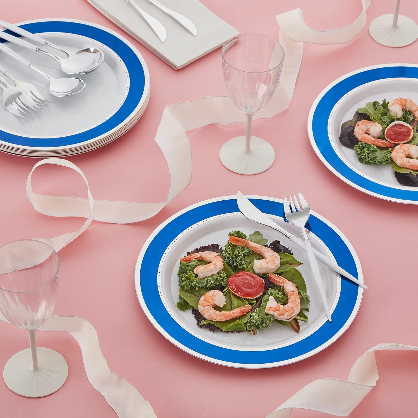 Silver Spoons SILVER SPOONS Elegant Disposable Plates For Party - (10 Piece) Heavy Duty Disposable Dinner Set, Fine Dining Plastic Dishes For Elegant China Look, Great for Celebrations & Events, Blue