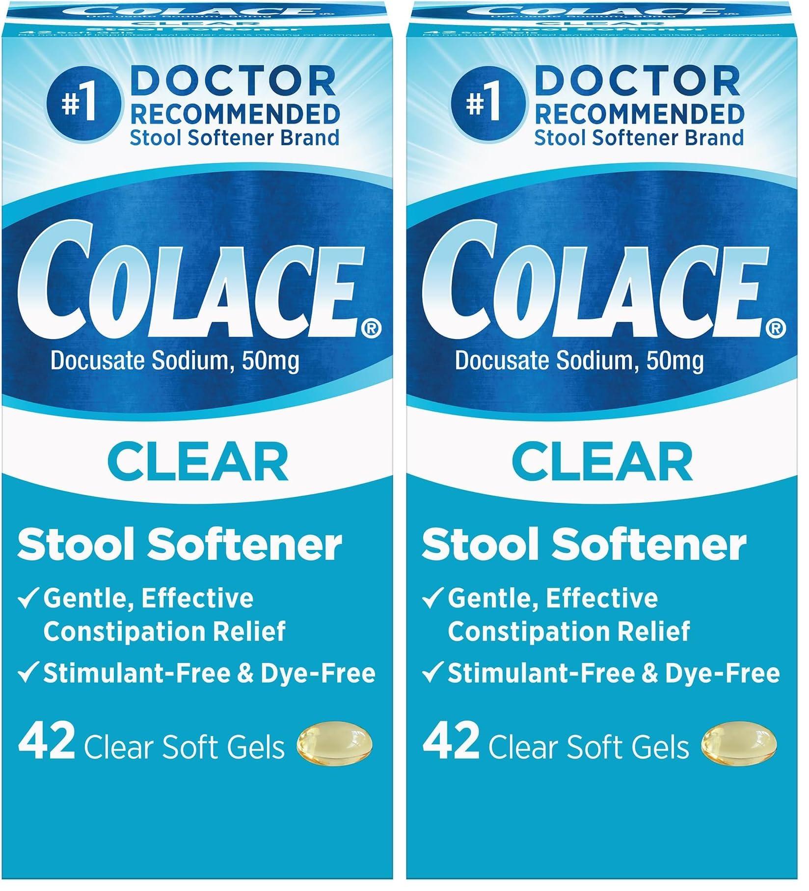 Colace Colace Clear Stool Softener Soft Gel Capsules Constipation Relief 50mg Docusate Sodium Doctor Recommended 42ct (Pack of 2)