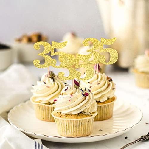 ZHUOWEISM 30 PCS Number 35 Cupcake Toppers Glitter Cheers to 35 years Old Birthday Cupcake Picks 35th Birthday Wedding Anniversary Party Cake Decorations Supplies Gold