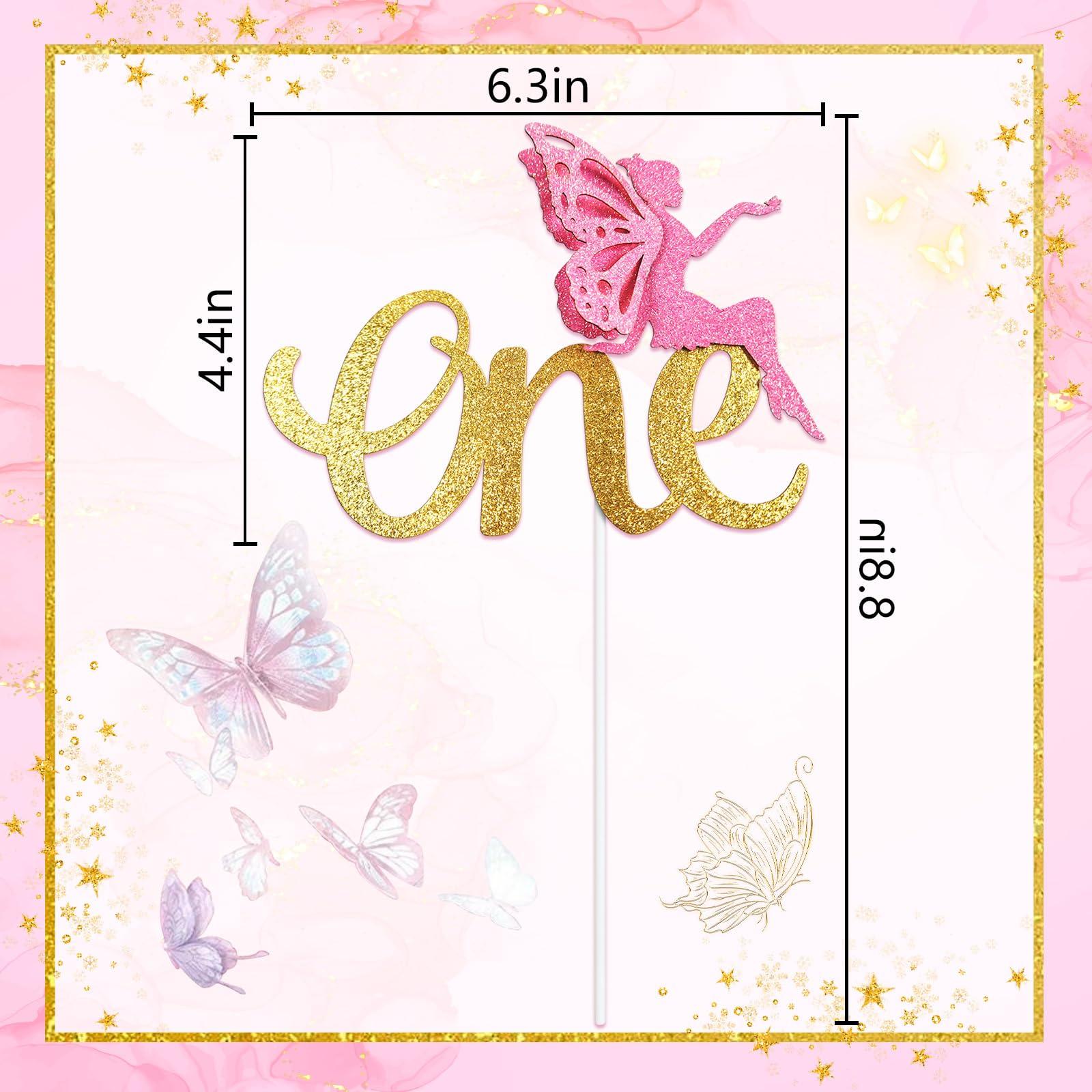 Firefairy One Cake Topper, Fairy First Birthday Cake Topper, Fairy Themed First Birthday Cake Decor, First Birthday Cake Picks for Baby Girl, Gold Pink Glitter
