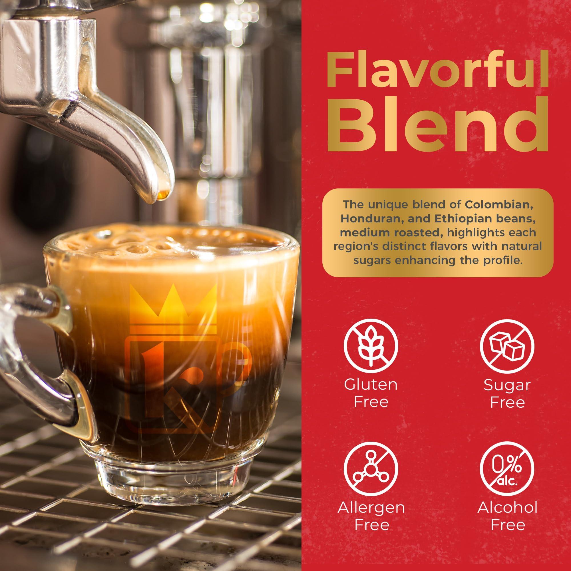 K KING'S COFFEE Kings Coffee - Espresso Coffee, Low Acid Coffee, Whole Bean Coffee, A Signature Blend of Colombian, Honduran, & Ethiopian Coffee, Medium Dark Roast, Non-GMO, Fair Trade, 1 lb