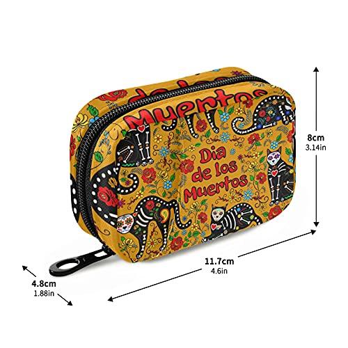 TropicalLife Travel Pill Case Bag Floral Day of The Dead Sugar Skull Cat Weekly Pill Box 8 Compartments 7 Day Individual Pill Case Purse Zippered Medicine Case Organizer