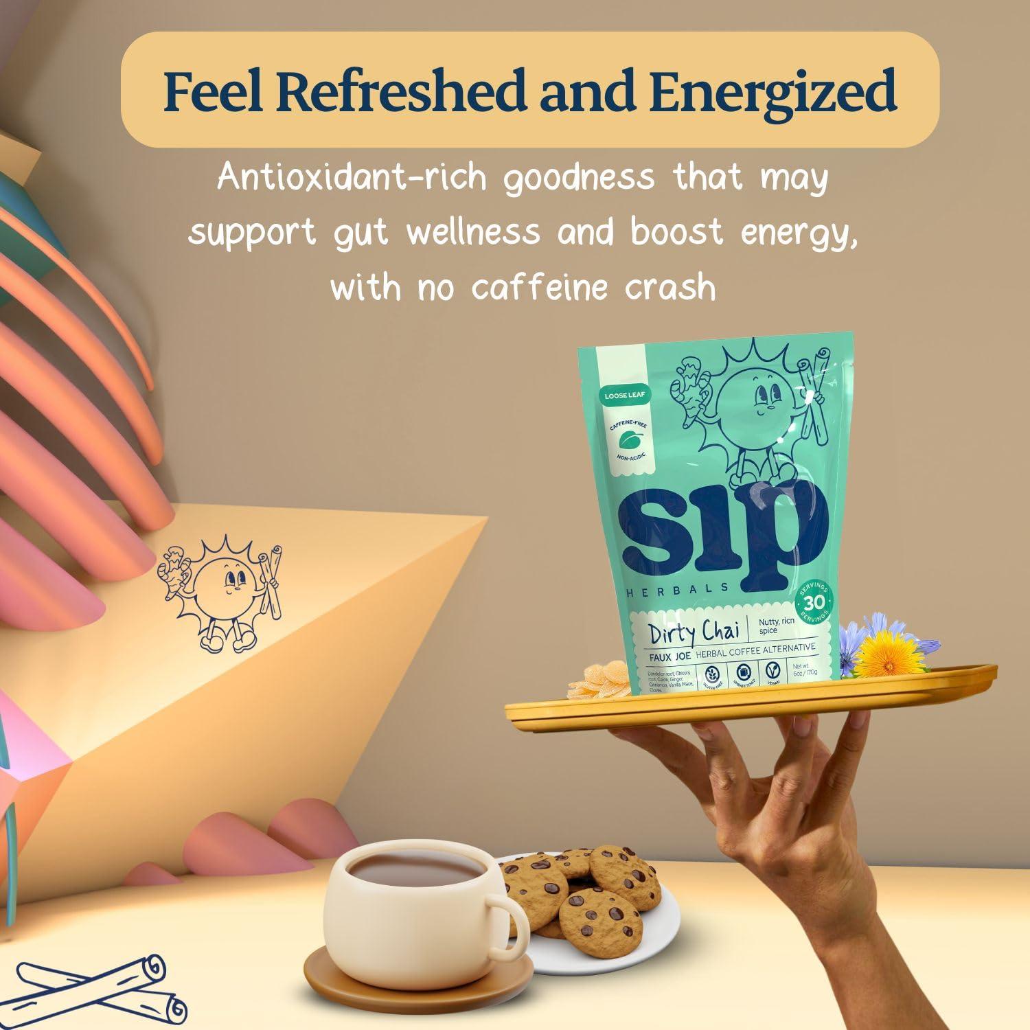 Sip Herbals Sip Herbal Coffee Alternative Herbal Tea - Boost Energy & Focus - Caffeine Free Organic Coffee Substitute Made with Carob, Dandelion, Chicory - Dirty Chai Roast (30 Servings) - Loose Leafs