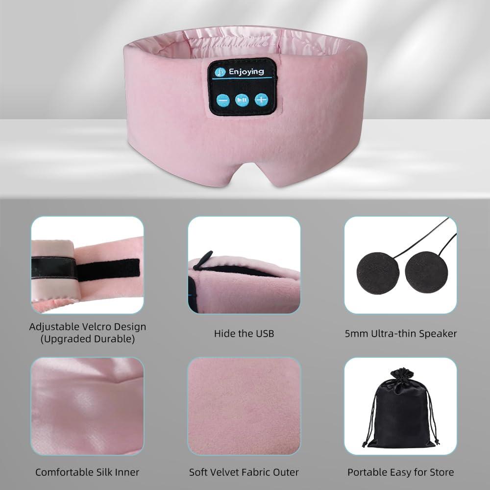 SYPVRY SYPVRY Sleep Headphones Silk Bluetooth Eye Mask Soft Sleep Mask Headband Headphones Wireless Bluetooth Sleep Mask with Speaker Microphone Adjustable Music Blindfold Mask, Pink