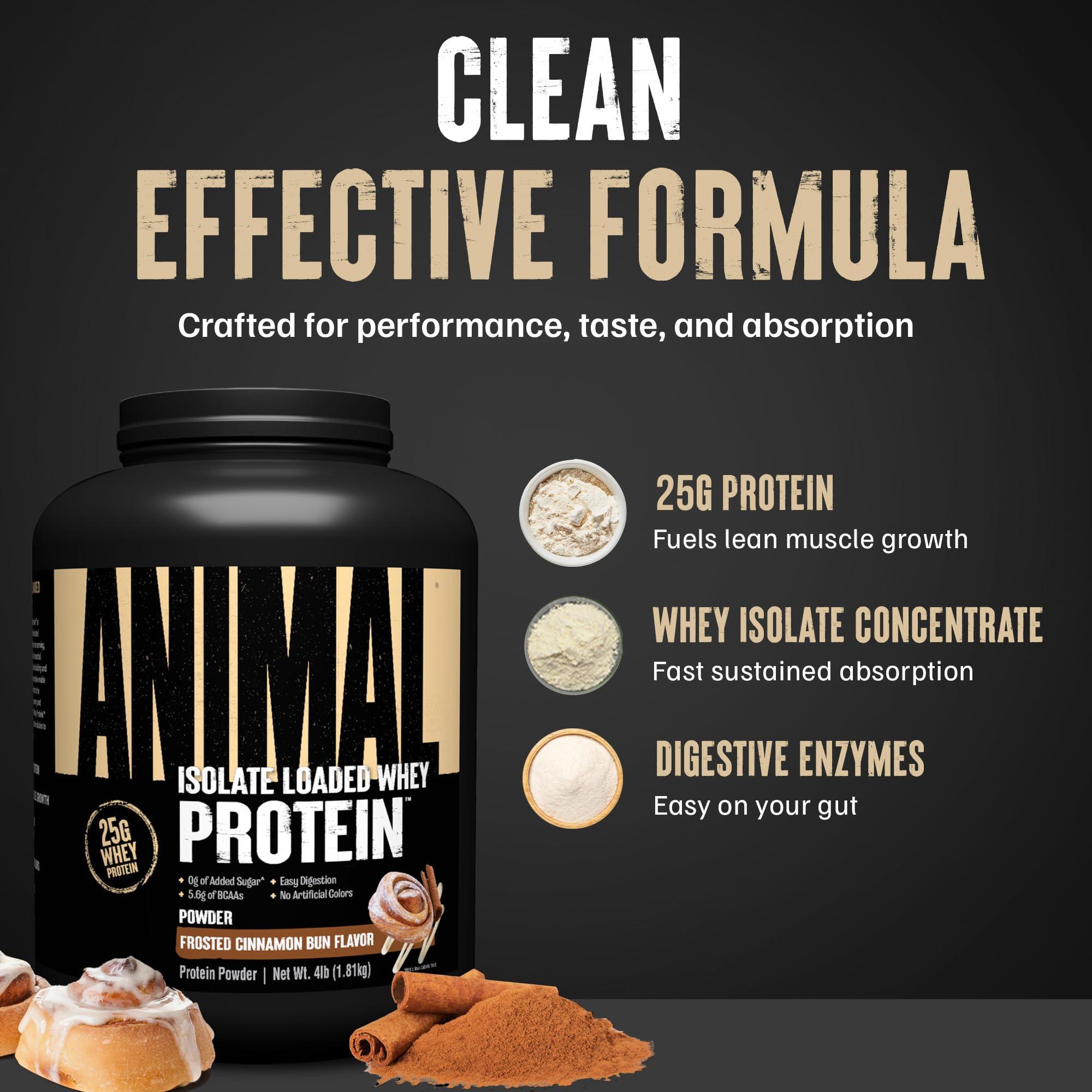 Animal Animal Whey Isolate Protein Powder - Loaded for Pre & Post Workout Muscle Builder and Recovery with Digestive Enzymes for Men & Women - 25g Protein, Great Taste, Low Sugar - Frosted Cinnamon Bun 4 lbs