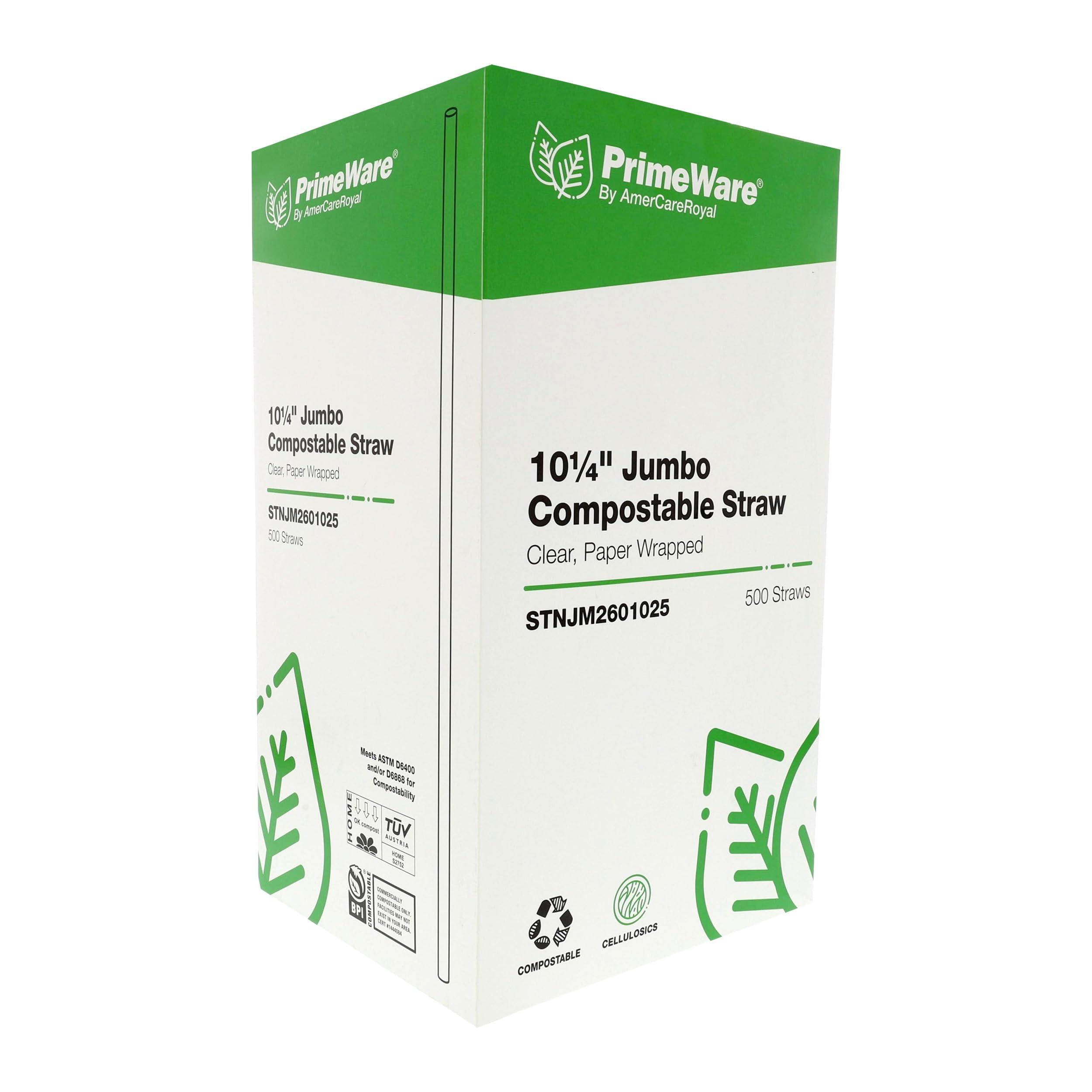 PrimeWare Case of 2000 Clear Plant-Based Straws 10.25" Long Cellulosic Clear Jumbo Compostable Straws, Ideal Eco Friendly Drinking Straws, Individually Wrapped Straws in Paper