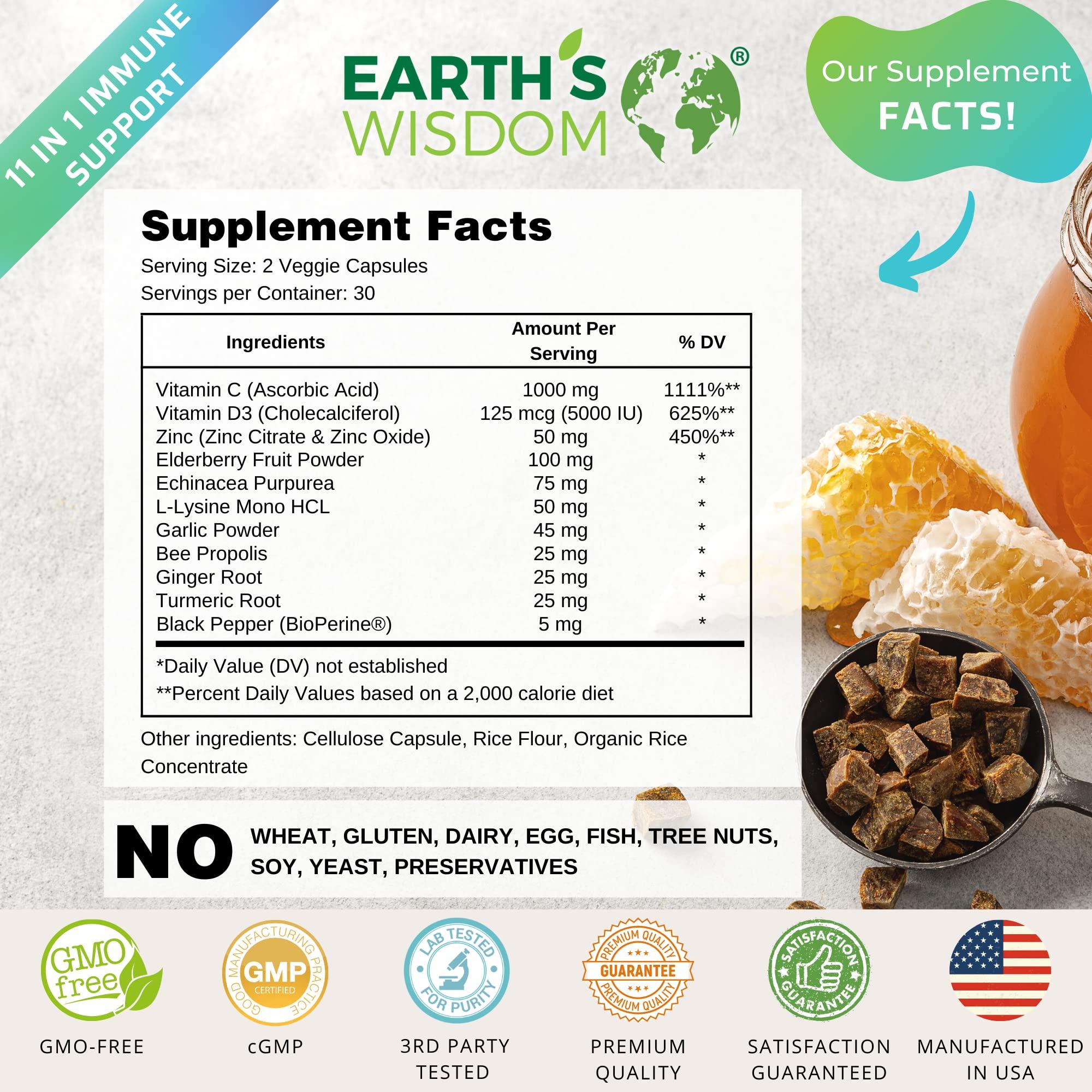 Earth's Wisdom Vitamin D3 5000 IU Vitamin C 1000mg Zinc 50mg - Immune Support Supplement Adults with Elderberry Echinacea Garlic Lysine Turmeric Ginger Propolis Pepper Gluten Free 60 Non-GMO Capsules