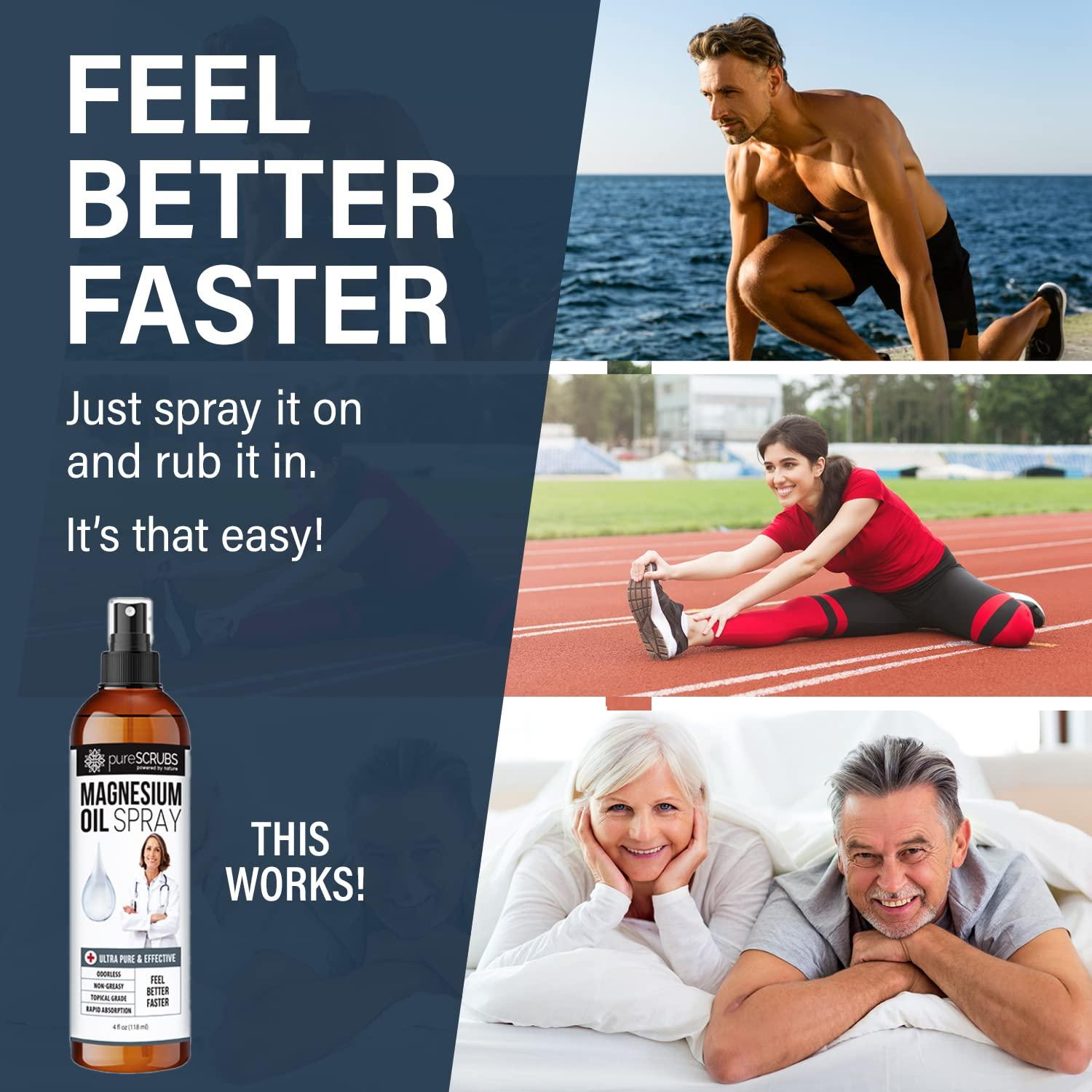 pureSCRUBS Fast Acting Pure Topical Magnesium Oil Spray for Feet, Skin, Body, Ultra Fast Absorption for Better Health, Pure Zechstein Brine - (4 fl oz - 1pk)