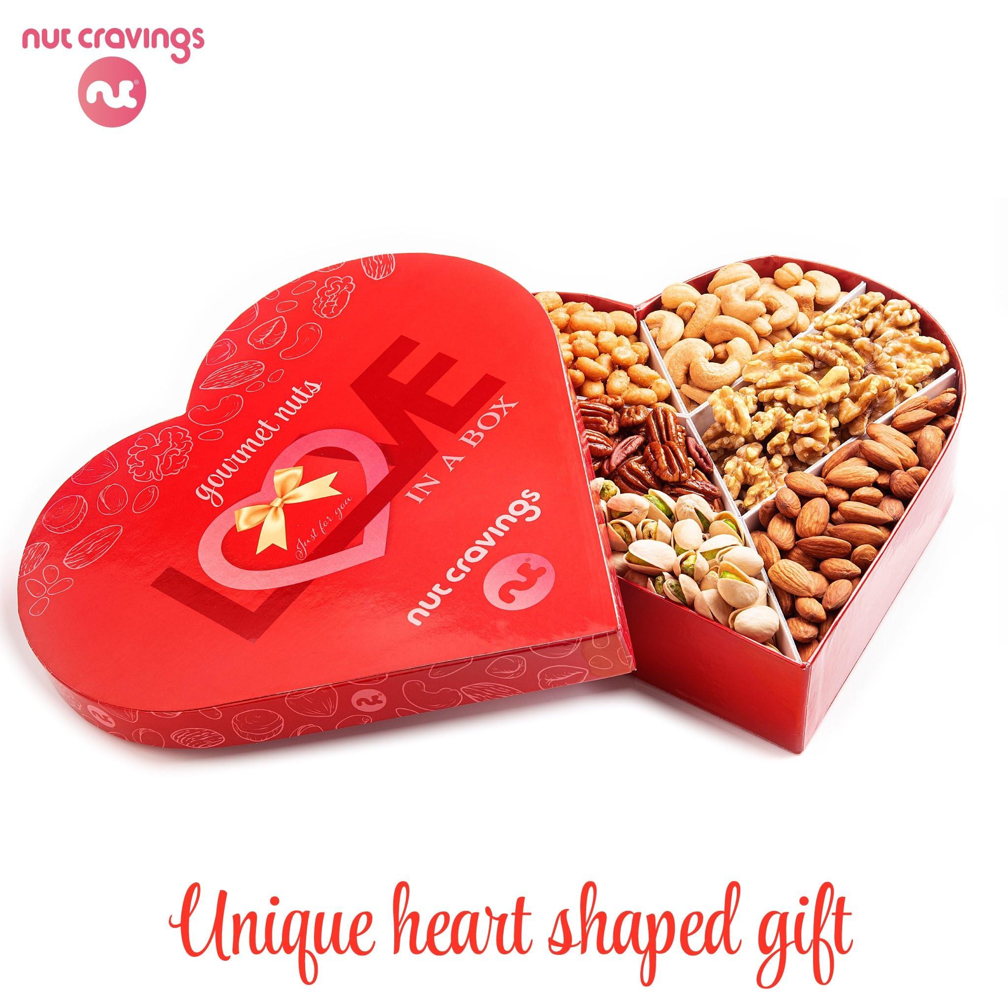 Nut Cravings NUT CRAVINGS Gourmet Collection - Valentines Day Mixed Nuts Heart Shaped Gift Basket, Love in A Box (6 Assortments) Galentines Romantic Arrangement Platter, Healthy Kosher USA Made Corporate