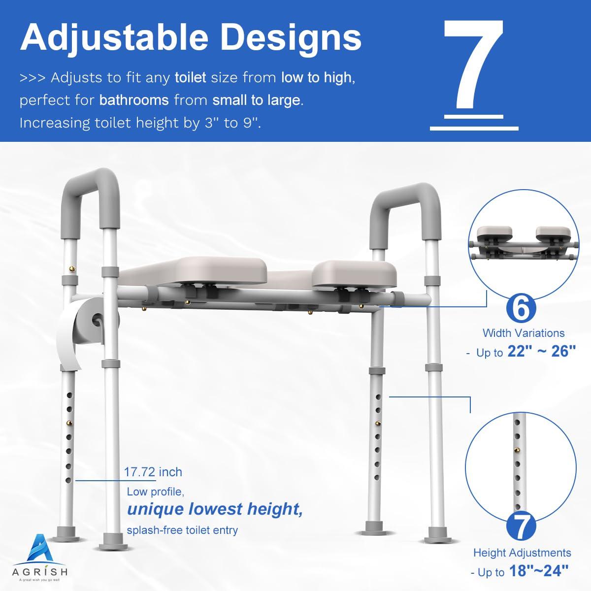 Agrish Agrish Raised Toilet Seat with Handles - Width and Height Adjustable Padded Toilet Seat Risers for Seniors, Bariatric, Handicap, Heavy Duty 350lbs Raised Toilet Seat, Fit Any Toilet