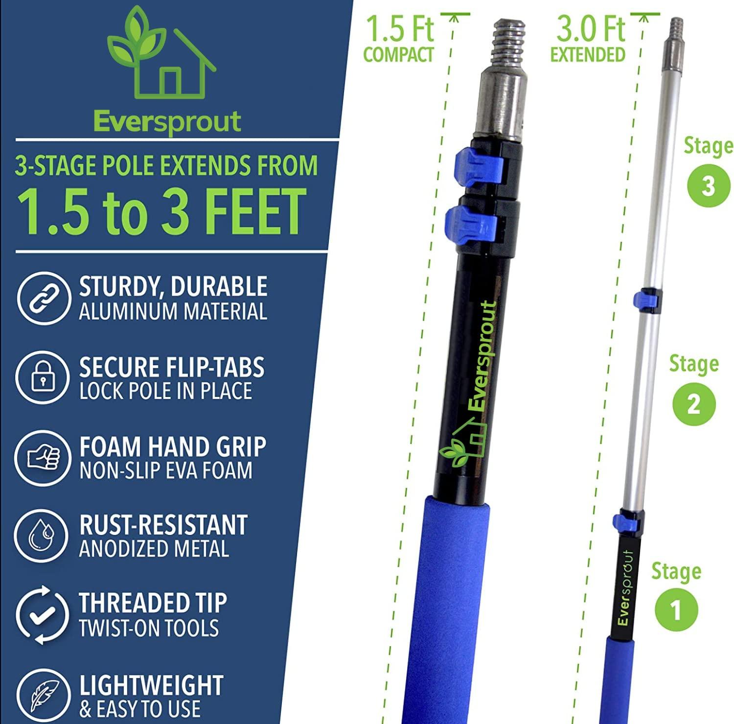 EVERSPROUT EVERSPROUT 1.5-to-3 Ft Duster 3-Pack with Extension-Pole (8-10 Ft Standing Reach) | Hand-Packaged Cobweb Duster, Microfiber Feather Duster, Flexible Microfiber Ceiling & Fan Duster | Telescopic Pole