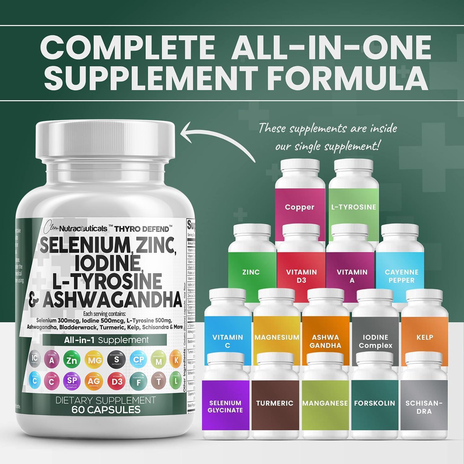 Clean Nutraceuticals Clean Nutra Selenium 300mcg Iodine 500mcg Thyroid Support for Women & Men | L Tyrosine 500mg Ashwagandha Supplement Bladderwrack, Turmeric, Kelp, Schisandra Zinc Pills Capsule Supplements