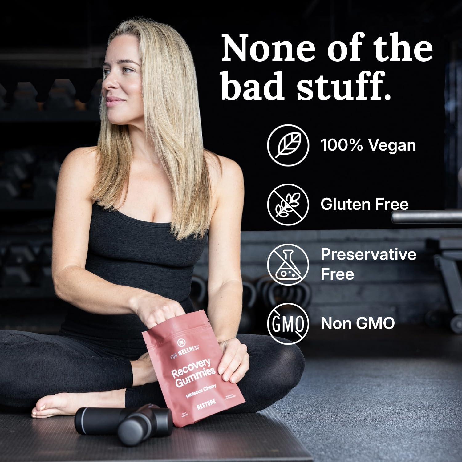 For Wellness Recovery Gummies - Tart Cherry Gummies for Muscle Recovery - Hibiscus Cherry Flavor with Antioxidants & Electrolytes Combats Soreness, Fights Inflammation, Boosts Energy - Vegan, Non-GMO, Gluten-Free