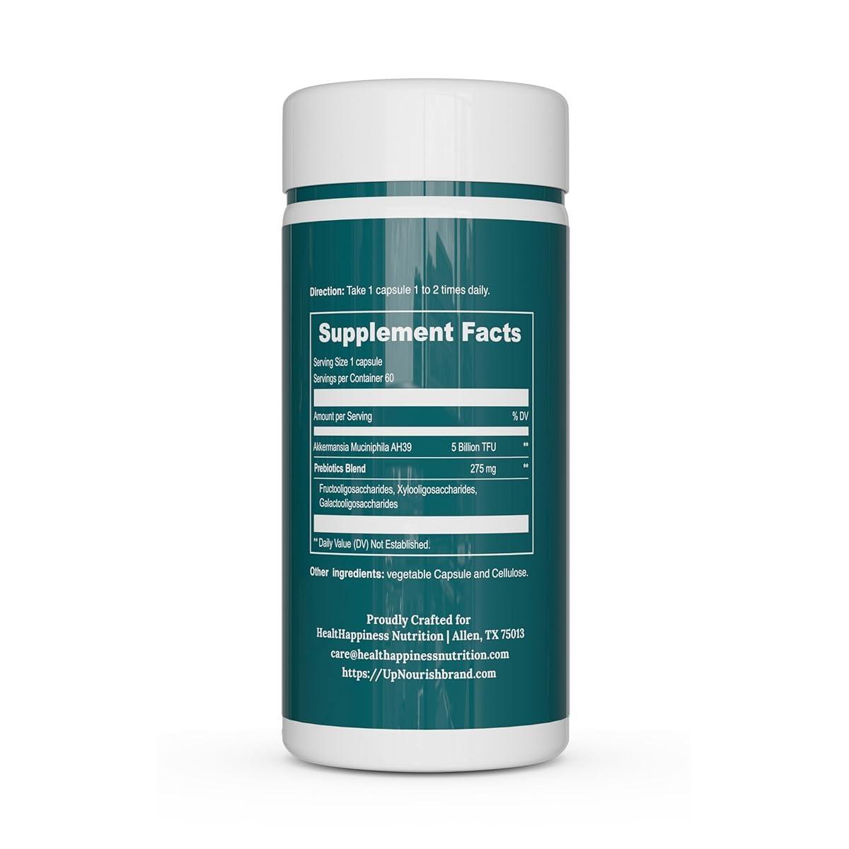 UpNourish Akkermansia Muciniphila Probiotics for Digestive Health - 5 Billion TFU Akkermansia Probiotic for Leaky Gut Repair and Immunity, Prebiotics and Probiotics for Women and Men, 60 Vegan Capsules