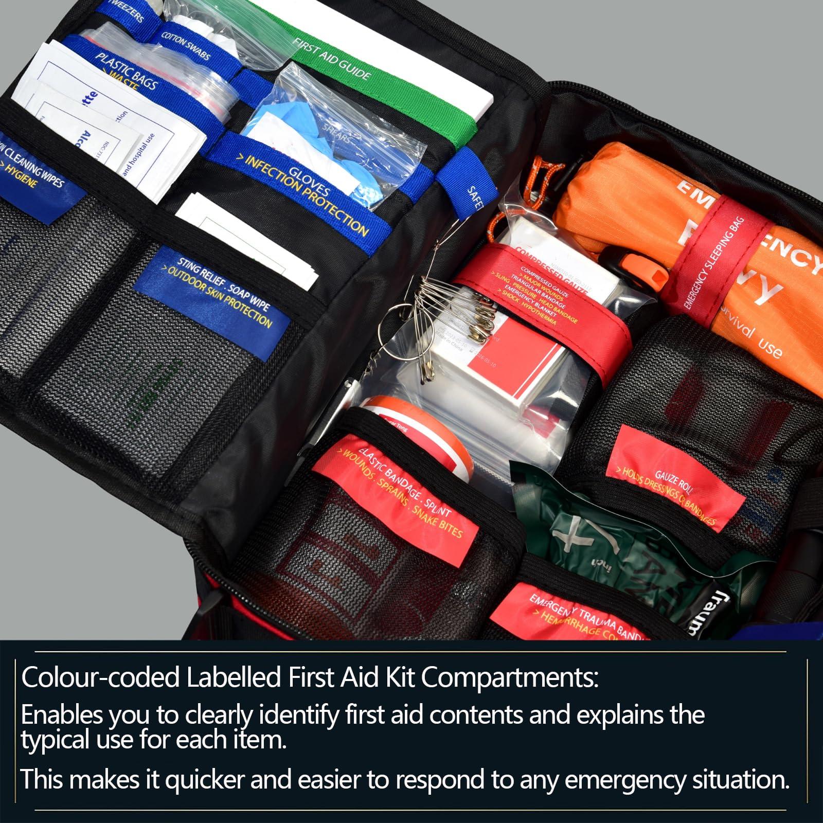 Besst Survivor Upgrade Comprehensive Premium First Aid Kit, Labeled Compartments Trauma Kits with Shoulder Strap, Large Emergencies Medical Kits for Home, Truck, Camping, Sports, Outdoor Emergencies -265 Piece Set