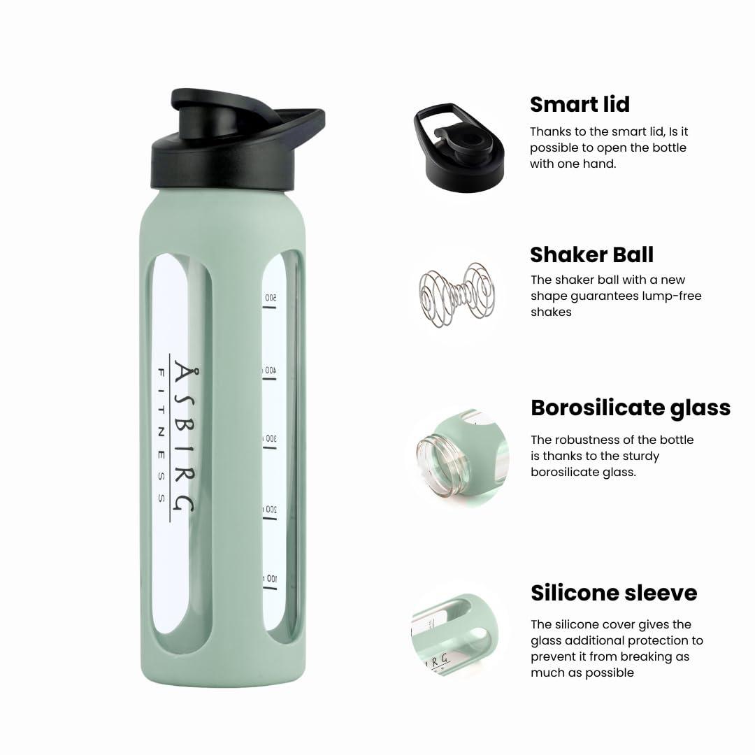 Asbirg Asbirg Fitness | Protein Shaker Made of Glass | Protein Shaker | Drinking Bottle | with Spiral Ball | Black (pastel green)