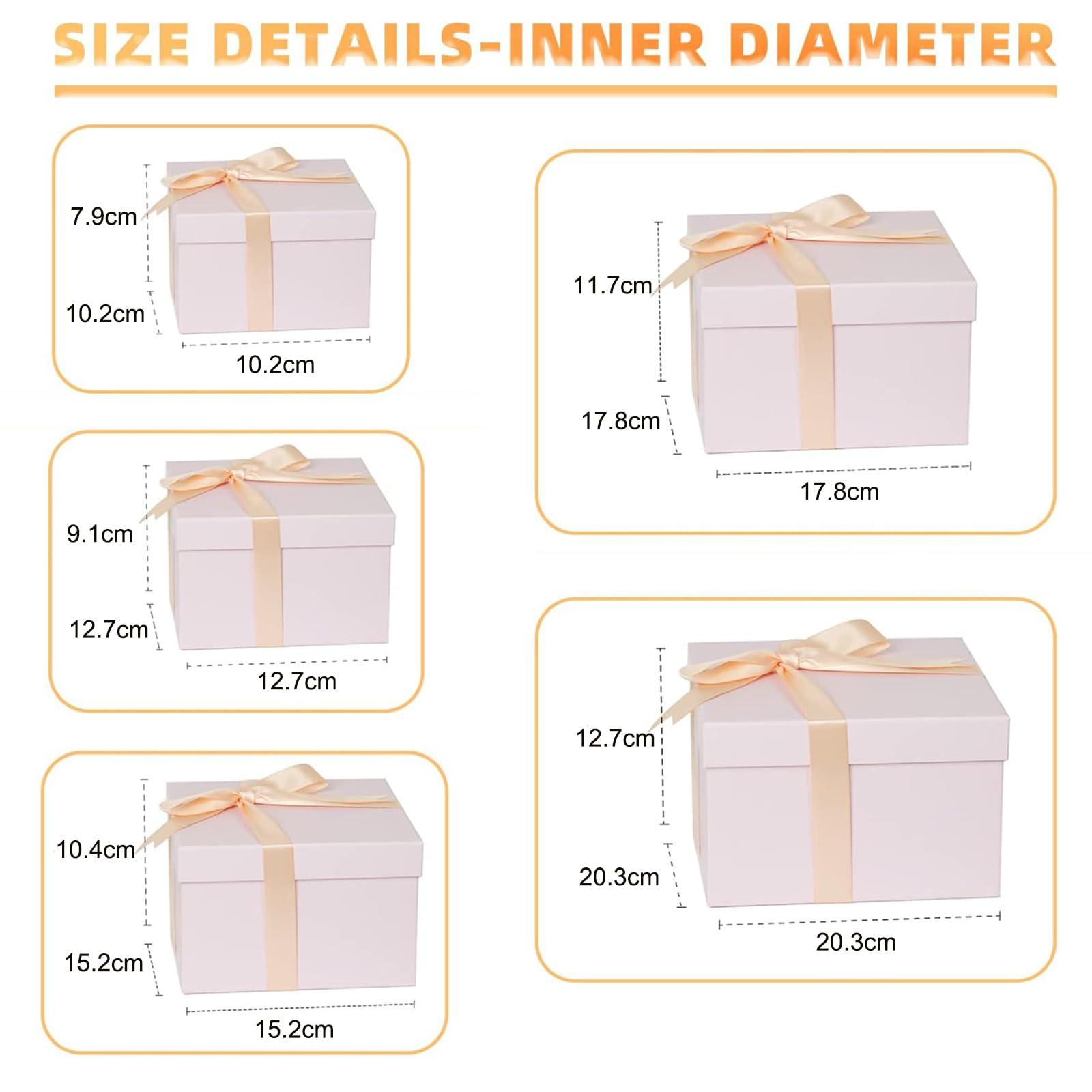 CHARMGIFTBOX CHARMGIFTBOX 5 Pack Large Square Nesting Gift Boxes with Lids for Presents, 4\"-8\" Pink Stacking Gift Box with Ribbon Card for Wedding Birthday Party Valentine Christmas