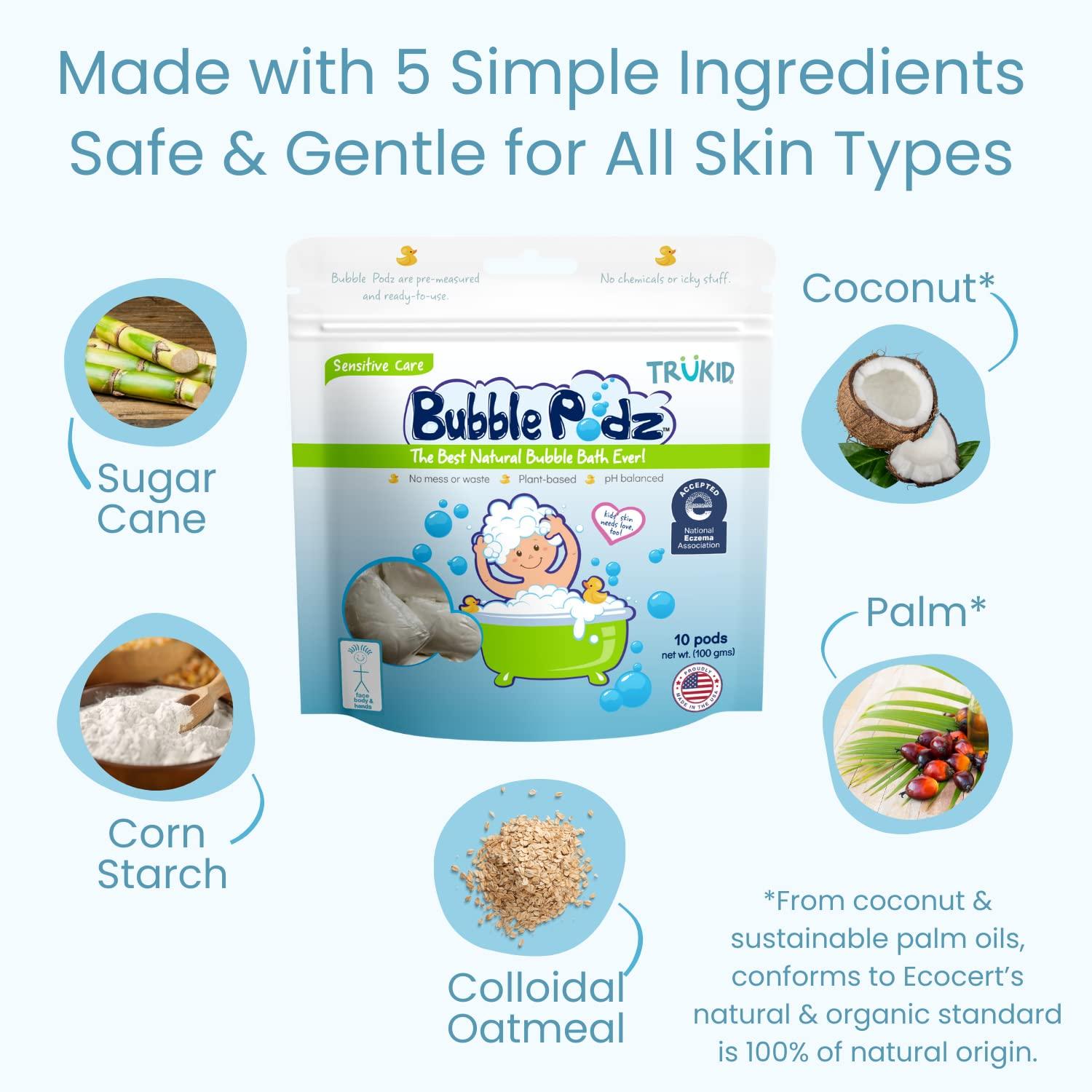 TruKid TruKid Bubble Podz Bubble Bath for Baby & Kids, NEA-Accepted for Eczema, Gentle Refreshing Colloidal Oatmeal Bath Bomb for Sensitive Skin, pH Balance 7 for Eye Sensitivity, Unscented (10 Podz)