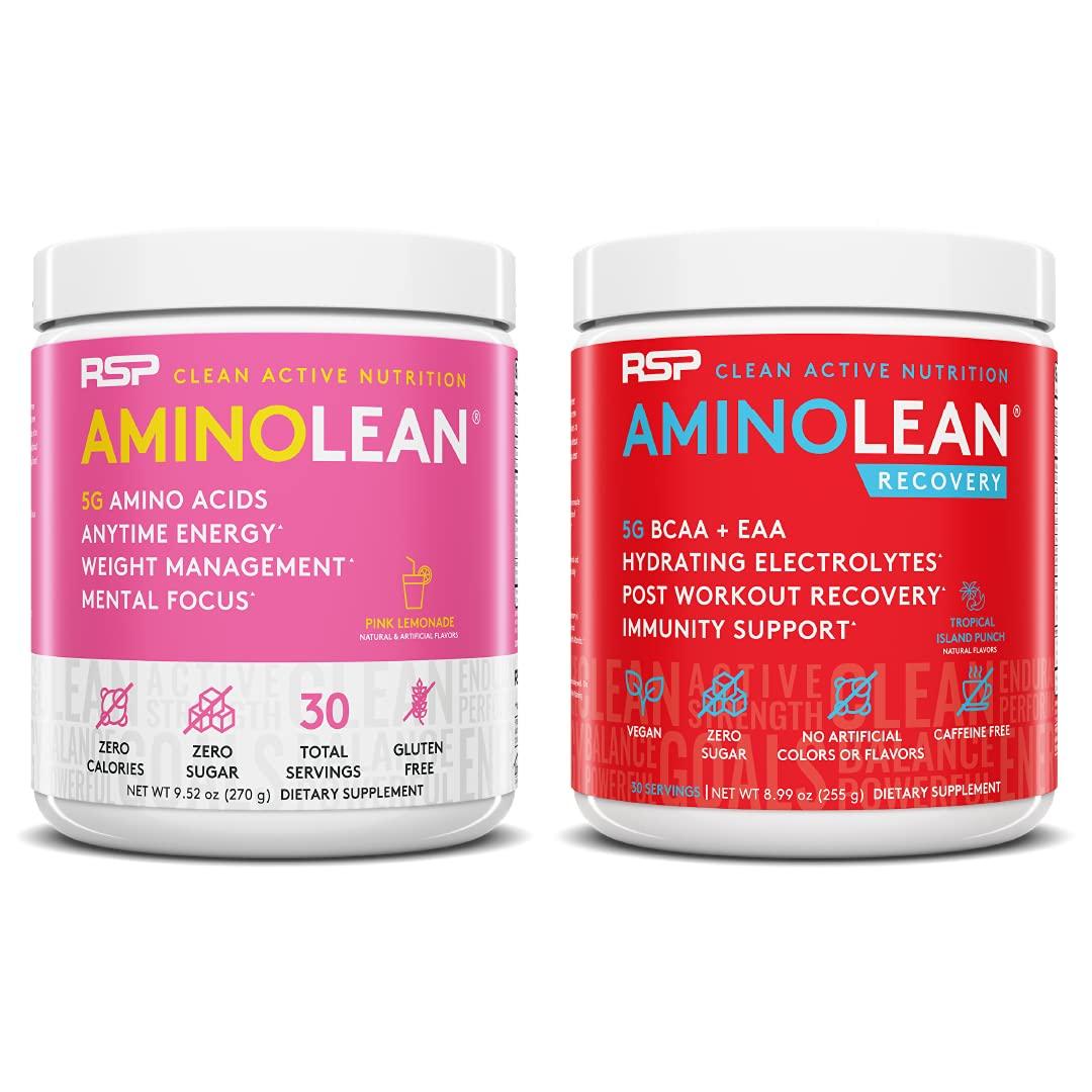 RSP NUTRITION RSP NUTRITION AminoLean Pre Workout Energy (Pink Lemonade 30 Servings) with AminoLean Recovery Post Workout Boost (Tropical Island Punch 30 Servings)
