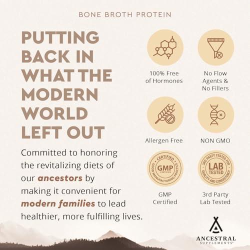 Ancestral Supplements Ancestral Supplements Grass Fed Protein Powder, Chocolate, Beef Bone Broth Based w/Beef Organs & Organic Mushrooms, Gut Health Support, High Protein Supplement, 20g Protein Per Serving, 30 Day Supply