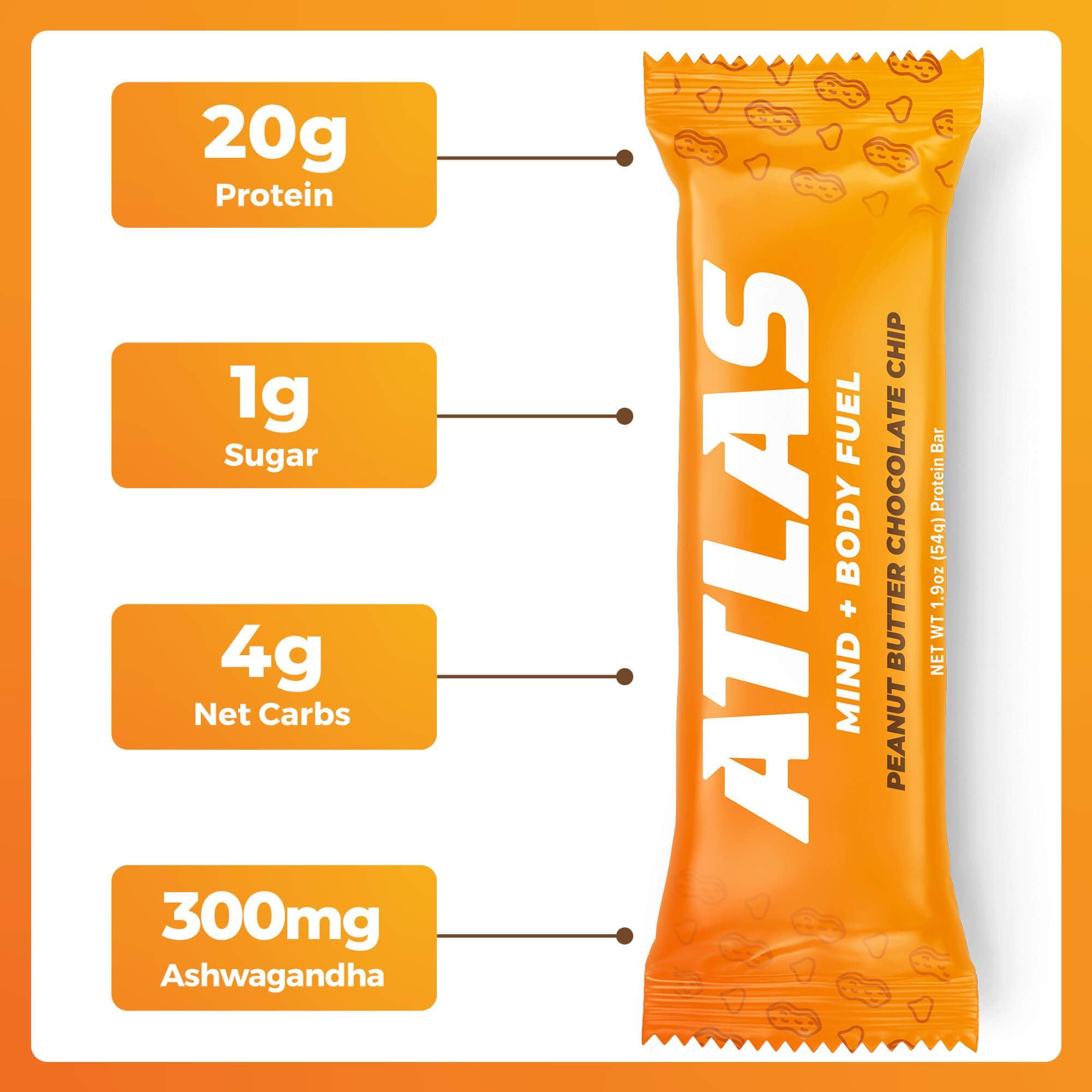 Atlas Protein Bar Atlas Protein Bar, 20g Protein, 1g Sugar, Clean Ingredients, Gluten Free, Peanut Butter Chocolate Chip (12 Count, Pack of 3)