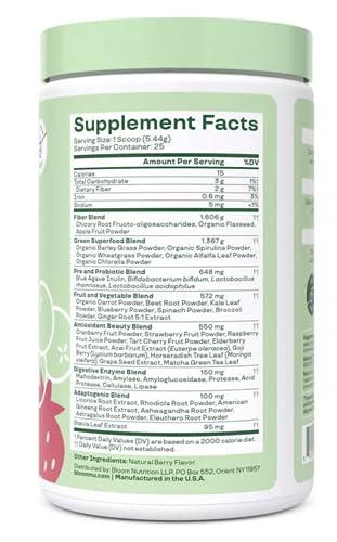 Bloom Bloom Nutrition Greens and Superfoods Powder - Berry Smoothie & Juice Mix (Pack of 1) Probiotics for Digestive Health & Bloating Relief for Women, Digestive Enzymes Superfoods Gut Health