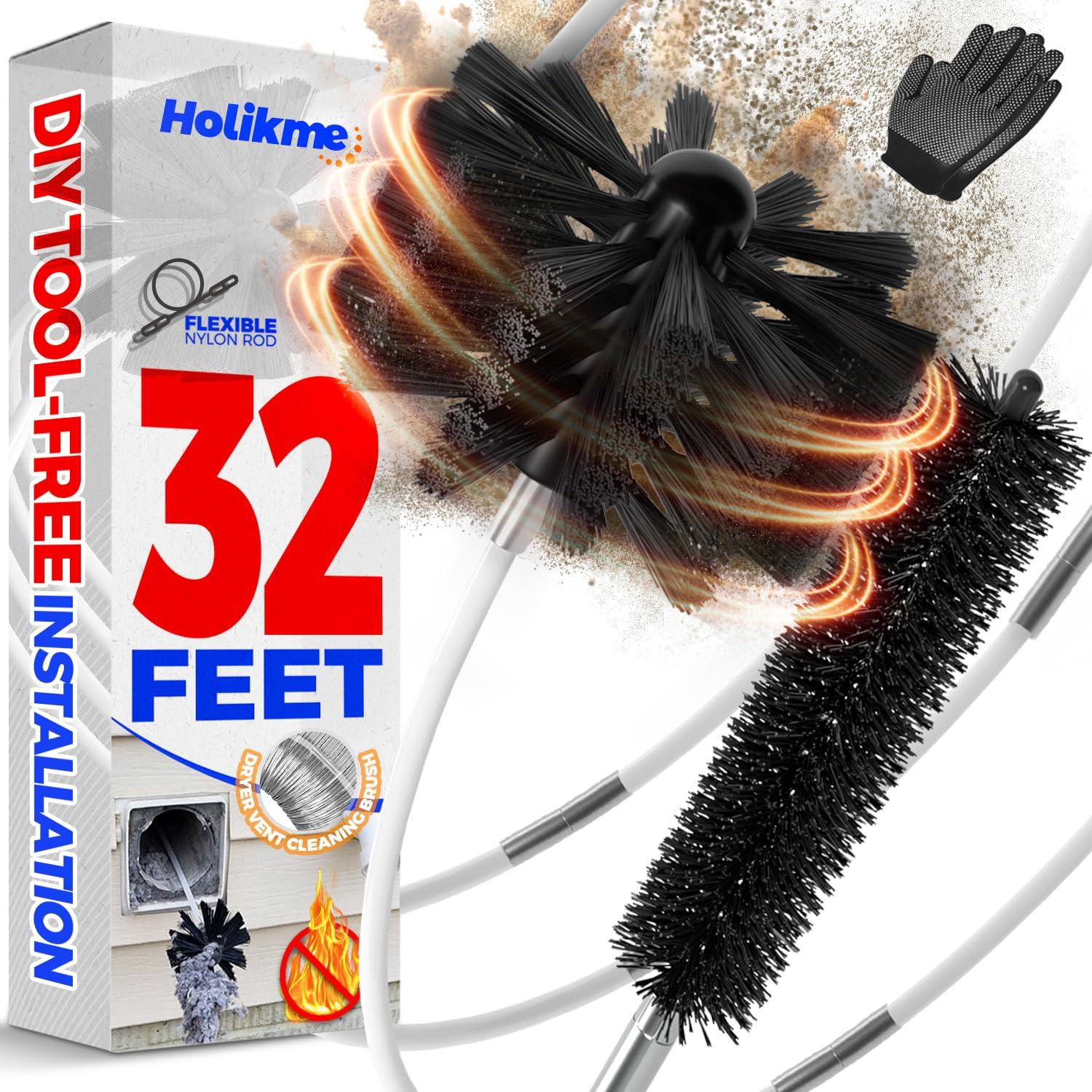 Holikme Holikme 32 Feet Dryer Vent Cleaning Brush Kit, Lint Remover,Fireplace Chimney Brushes, Extends Up to 32 Feet, Synthetic Brush Head, Use with or Without a Power Drill