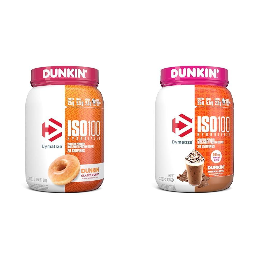 Dymatize Dymatize ISO100 Hydrolyzed Protein Powder, 100% Whey Isolate, Dunkin\' Glazed Donut Flavor, 20 Servings & ISO100 Hydrolyzed Protein Powder in Dunkin\' Mocha Latte Flavor, 100% Whey Isolate Protein