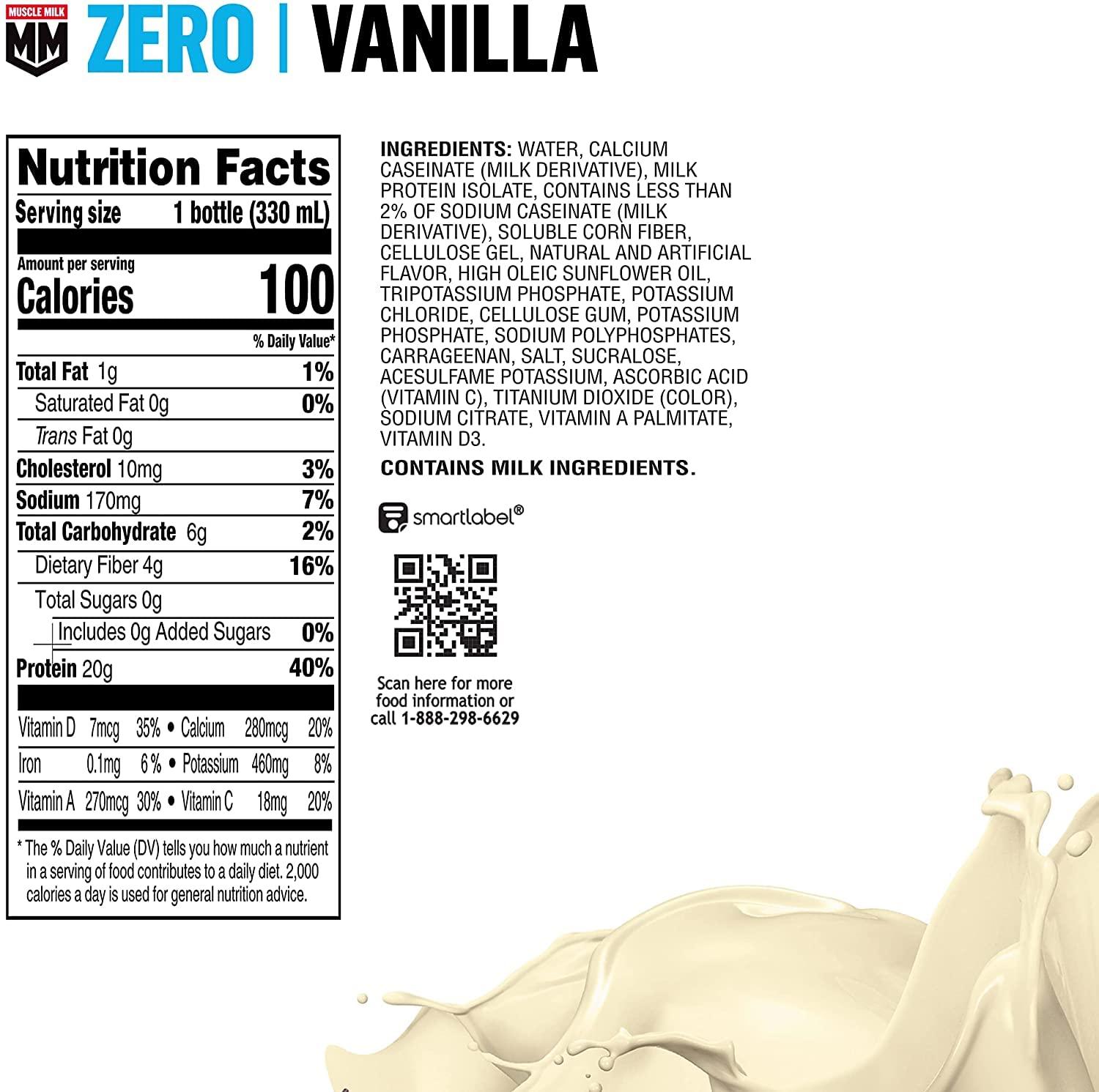 Muscle Milk Muscle Milk Zero Protein Shake, Vanilla Crme, 20g Protein, Zero Sugar, 100 Calories, Calcium, Vitamins A, C & D, 4g Fiber, Energizing Snack, Workout Recovery, Packaging May Vary 11.16 Fl Oz (Pack of 12)