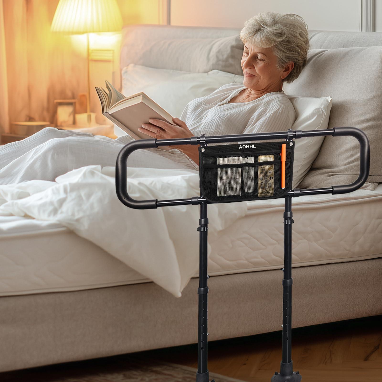AOHHL Bed Rails for Elderly Adults Safety with Adjustable Heights Storage Pocket Assist Support Side Railings for Seniors Citizens Slides Under Mattressbed Cane Bed Guard Bed Handles Bars (Black)