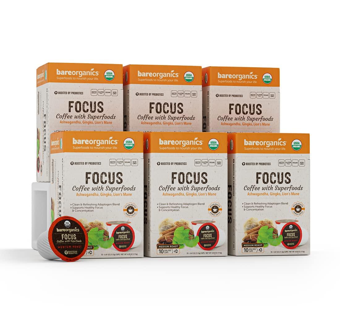 BareOrganics BareOrganics Focus Coffee Pods With Superfoods & Probiotics | Keurig K-Cup Compatible | USDA Certified Organic, Vegan, Non-GMO & Recyclable Single Serve 10ct (Pack of 6)