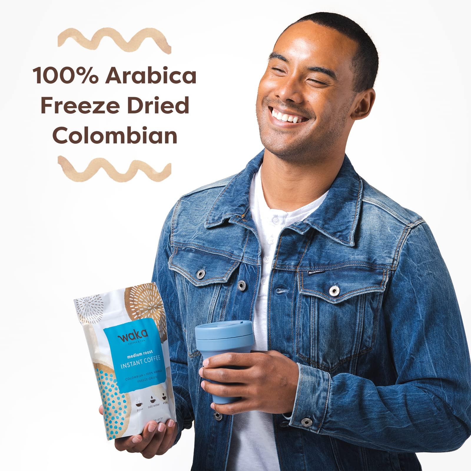 Waka Coffee Waka Quality Instant Coffee — Colombian Medium Roast 8 oz and Colombian Decaf Single Serve Box — 100% Arabica Freeze Dried Beans — No Sugar Added & Unsweetened