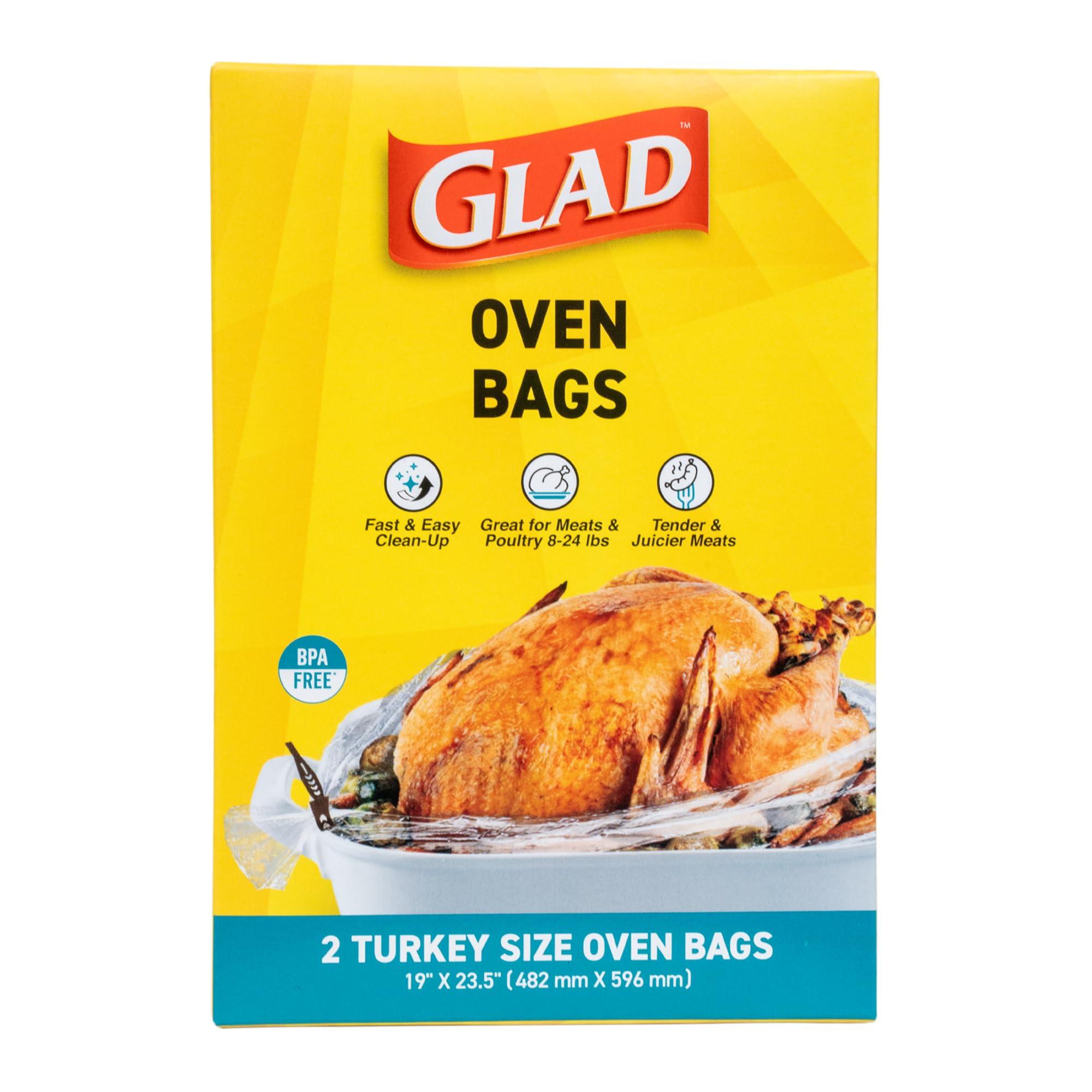 Glad Glad Turkey Size Oven Bags for Meats & Poultry 8-24 lbs BPA-Free* for Tender, Juicy Roasts with Fast & Easy Clean-Up, Turkey Cooking Bags, Roasting Bags, 19" x 23.5" - 2 Count