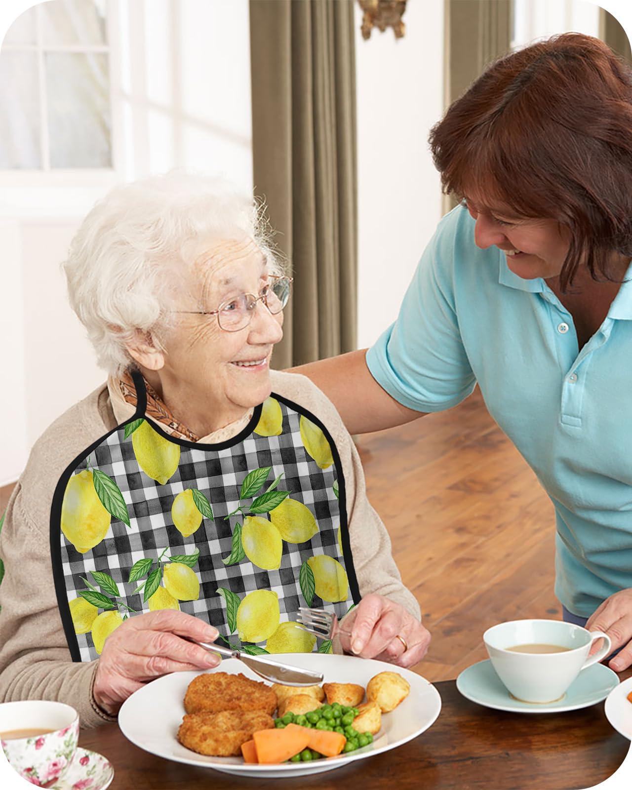 Sabolny Black White Buffalo Plaid Check Adult Bib for Eating with Crumb Catcher,Washable & Waterproof Terry Cloth Adjustable Elderly Women Men Adult Bibs Funny Clothing Protector Summer Lemon Yellow Green