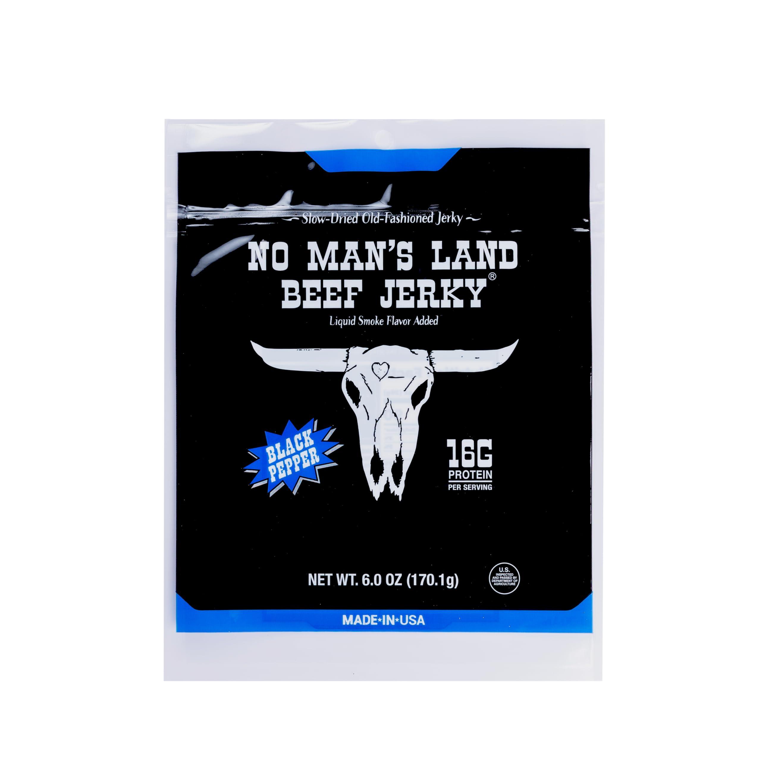 NO MANS LAND BEEF JERKY No Man’s Land BLACK PEPPER Beef Jerky High Protein Low Calorie Low Carb Beef Snack 6.0oz Bag