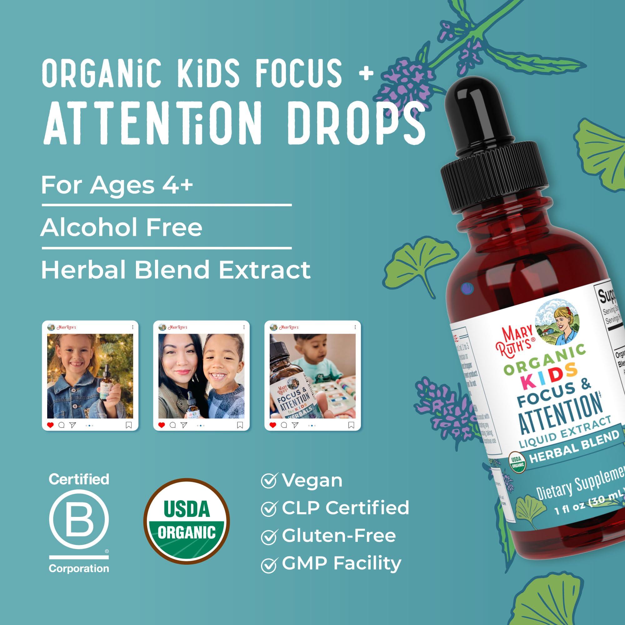 MaryRuth Organics MaryRuth Organics Kids Brain Supplements for Memory and Focus, USDA Organic Drops with Ginkgo Biloba, Rhodiola Root & Licorice Root, Focus & Attention, Calm, Vegan, Non-GMO, Gluten Free, 30 Servings