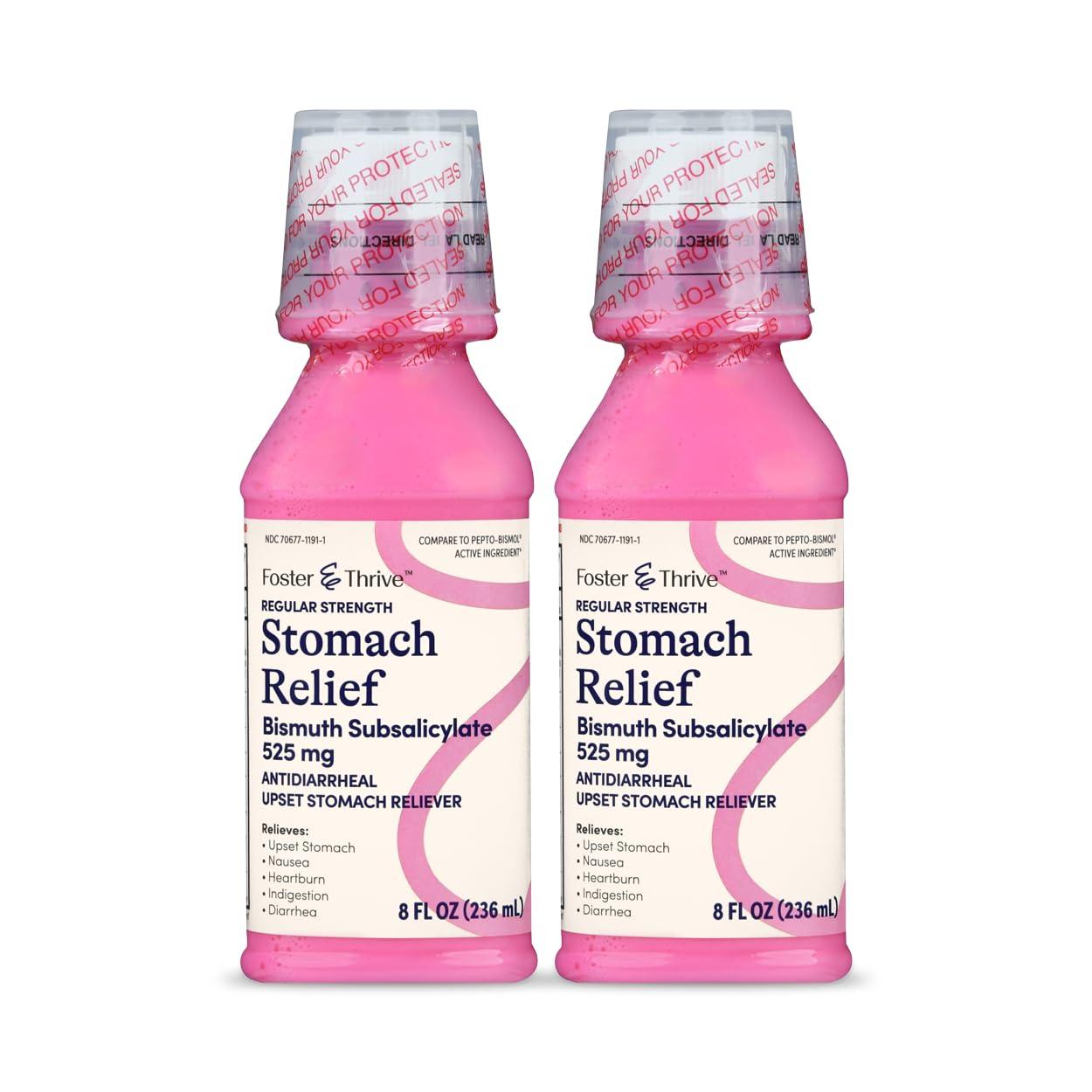 Foster & Thrive Foster & Thrive Stomach Relief Liquid for Nausea, Heartburn, Indigestion, Upset Stomach, Diarrhea - Fast Relief for 5 Symptoms, Antidiarrheal, Bismuth Subsalicylate 525 mg, Original, 8 oz (Pack of 2)