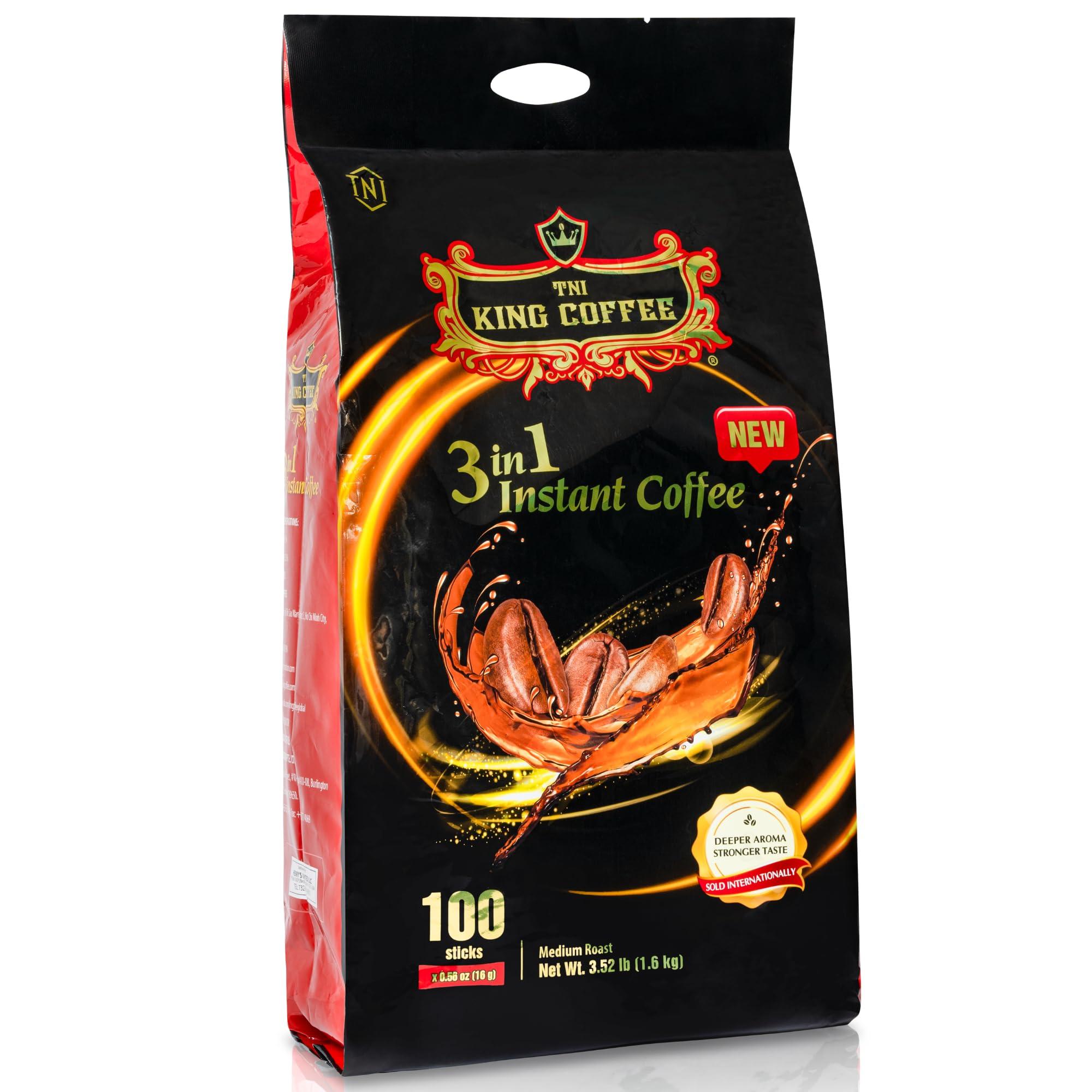 TNI King Coffee TNI King Coffee 3 in 1 Instant Vietnamese Coffee, 100 Single Serve Packets - Individual Pocket Size Sachet Sticks - Blended with Coffee, Cream Powder and Sugar - Bulk Size Pack